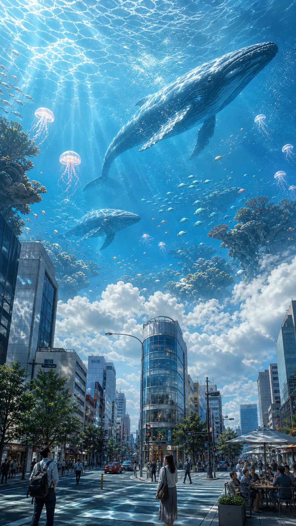 The sky has transformed into a vast ocean where whales, jellyfish, coral reefs, and schools of glowing fish drift above the clouds. Below, people continue their normal lives, occasionally looking up as sunlight filters through the moving water overhead. The atmosphere feels peaceful rather than catastrophic. Cinematic realism, impossible natural phenomenon, ultra-detailed environmental storytelling.
