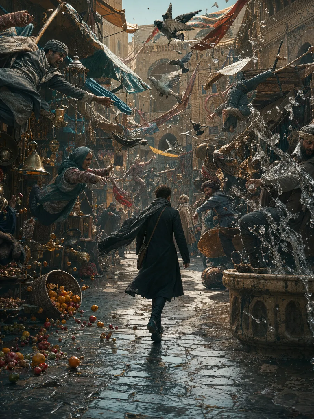 A bustling marketplace where time has completely stopped. Hundreds of people remain frozen mid-motion while colorful fabrics, birds, spilled fruit, and splashing water all hang motionless in the air. Only one mysterious traveler continues walking through the silent world. Cinematic storytelling, surreal realism.