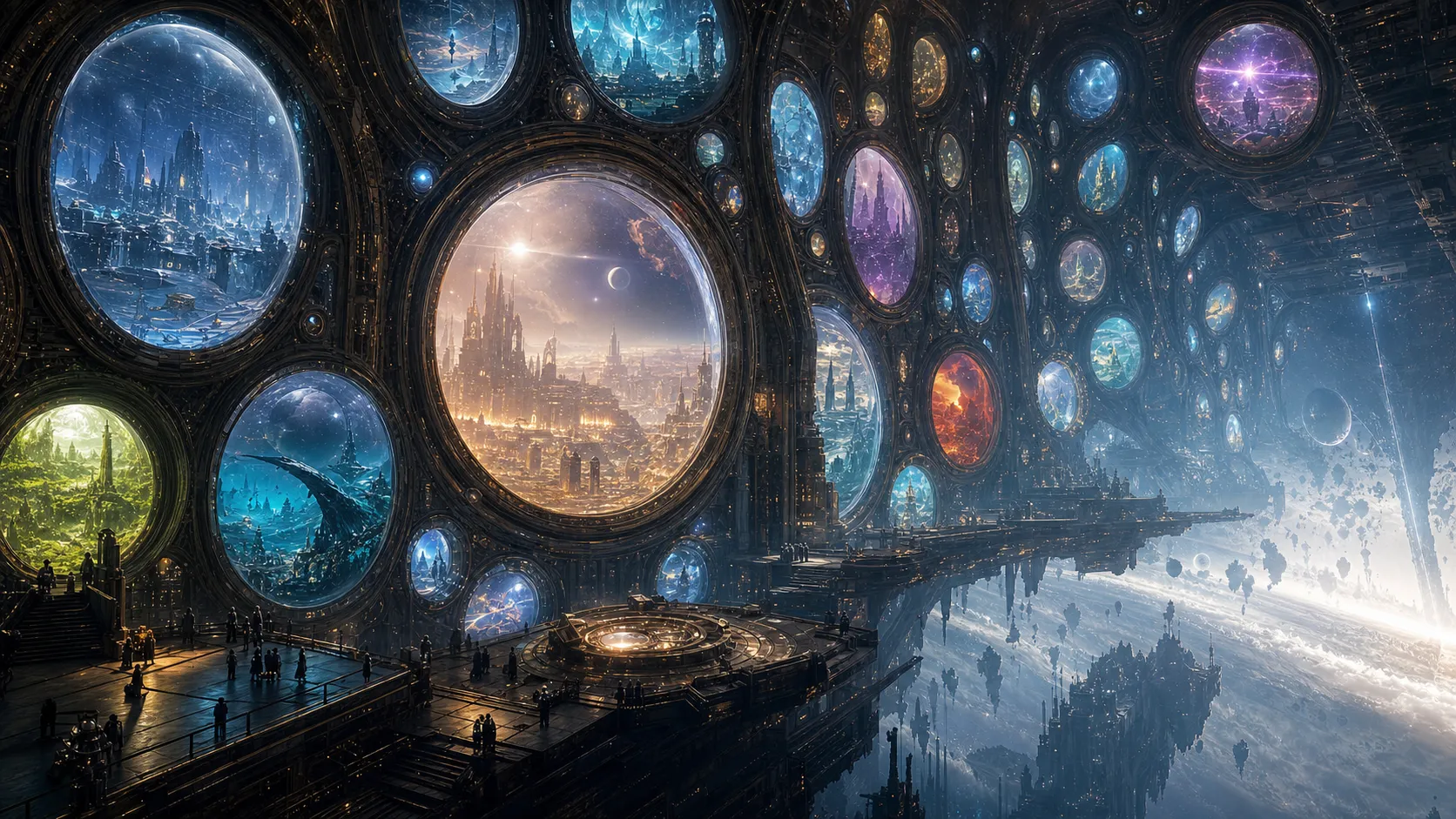 An enormous astronomical observatory built on the edge of reality. Instead of telescopes viewing stars, giant lenses reveal thousands of alternate universes simultaneously. Each window displays completely different civilizations, ecosystems, and physical laws. Monumental architecture, cosmic scale, cinematic science fiction.