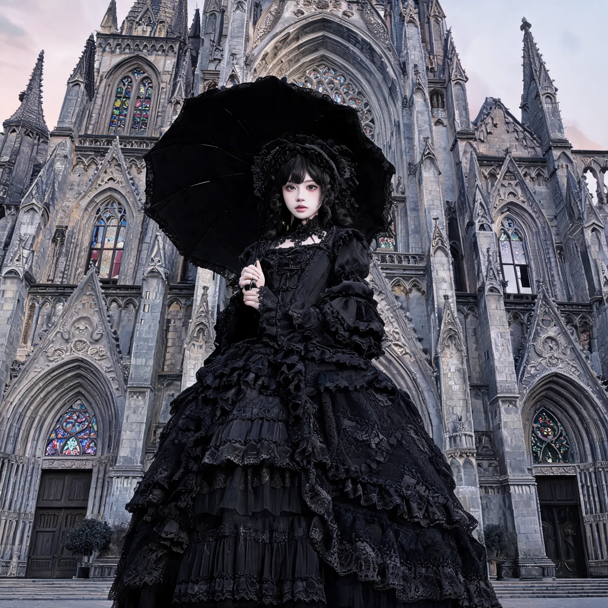 Gothic Lolita girl in black lace dress, in front of ancient cathedral, holding black umbrella