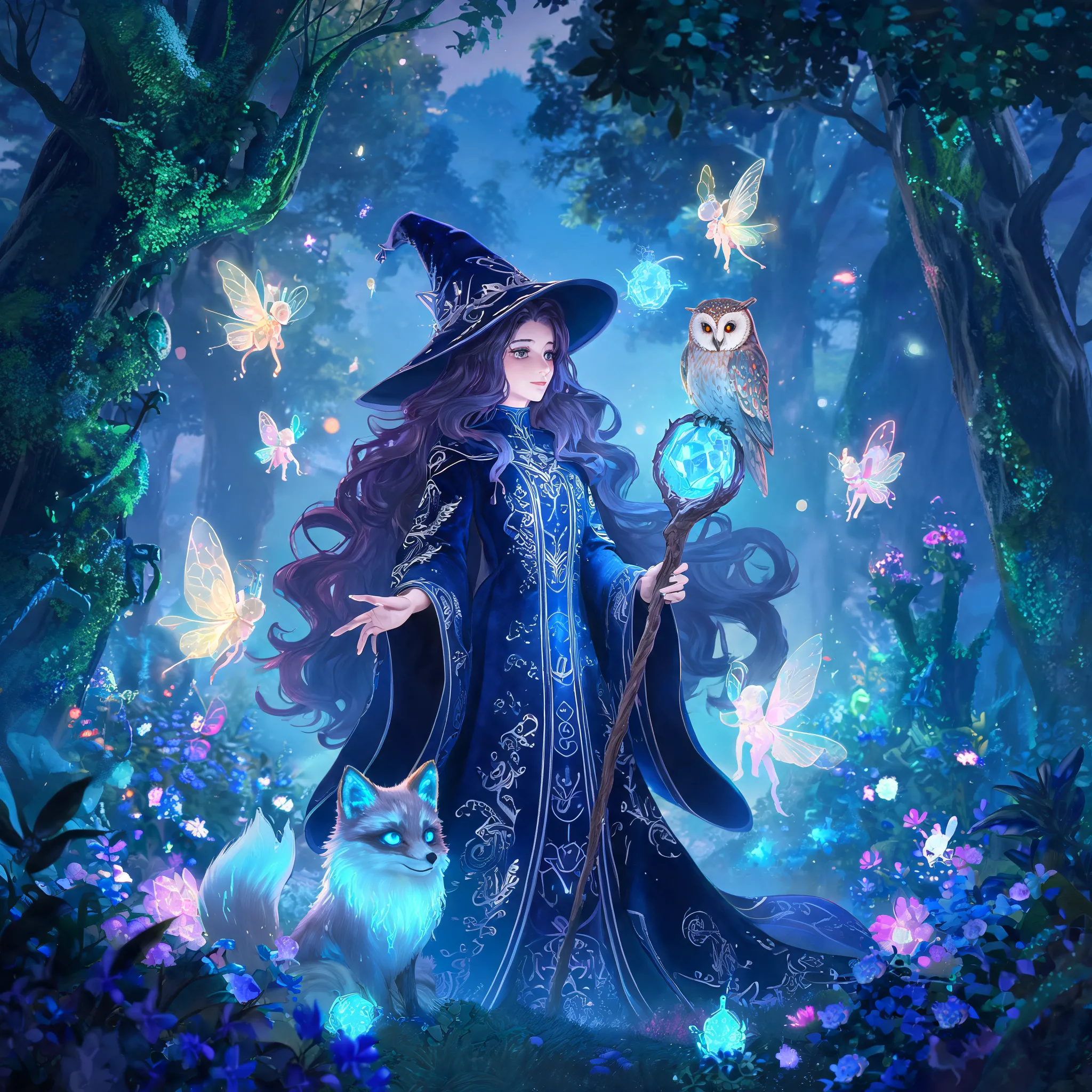 Female mage in magical forest, surrounded by glowing fairies and mysterious creatures