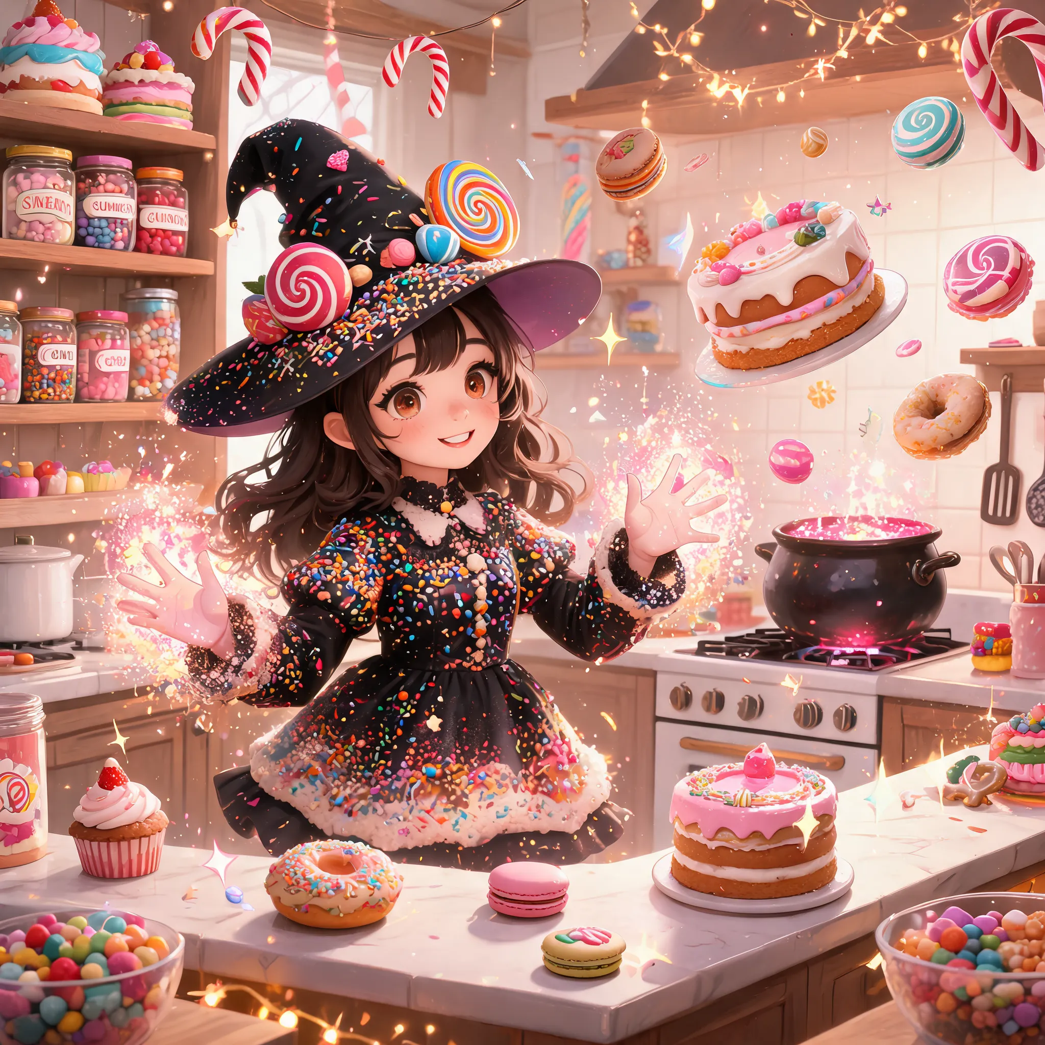 Dessert witch in magical kitchen with candies and cakes, casting spells, floating pastries
