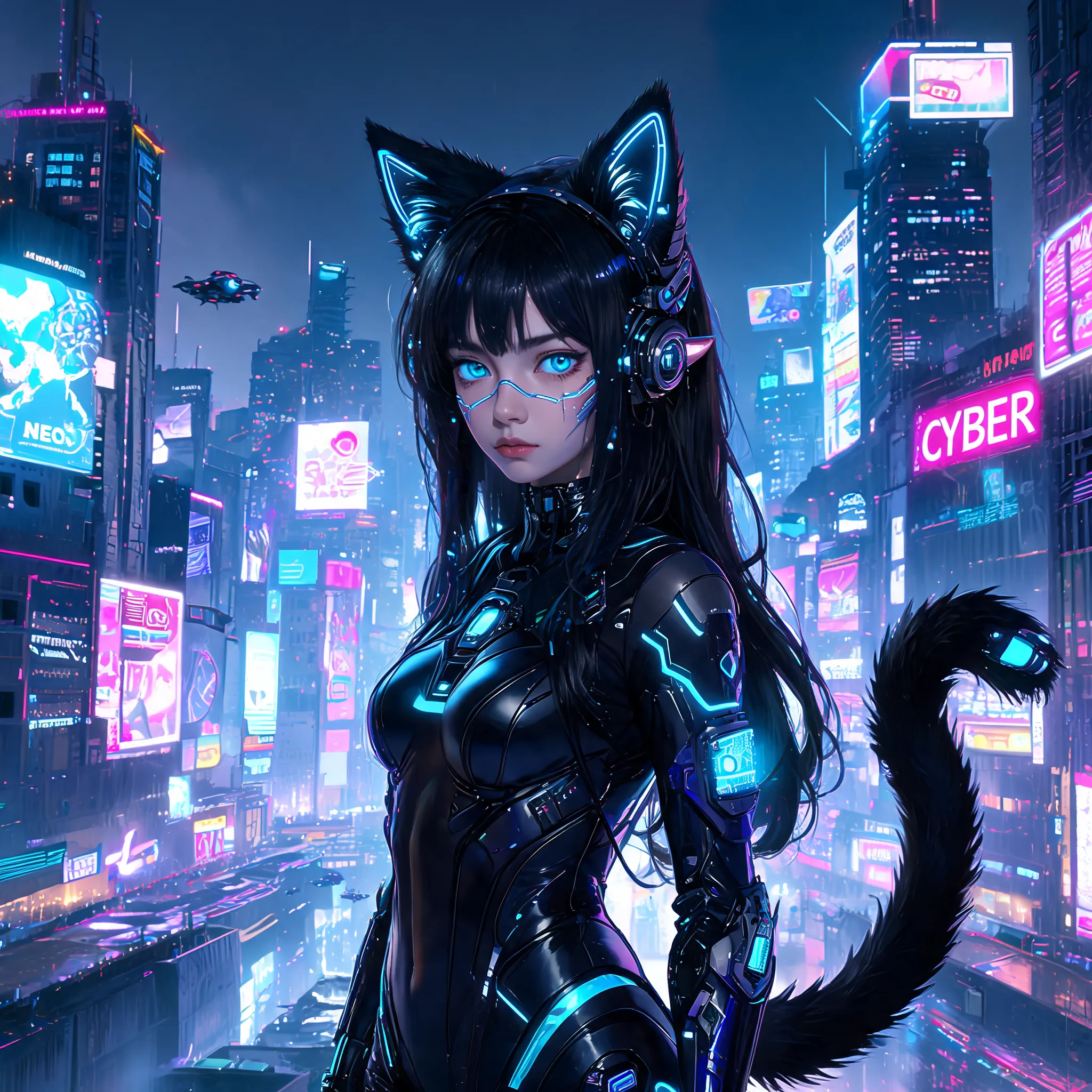 Futuristic cat girl, high-tech equipment, digital city background, flickering neon lights
