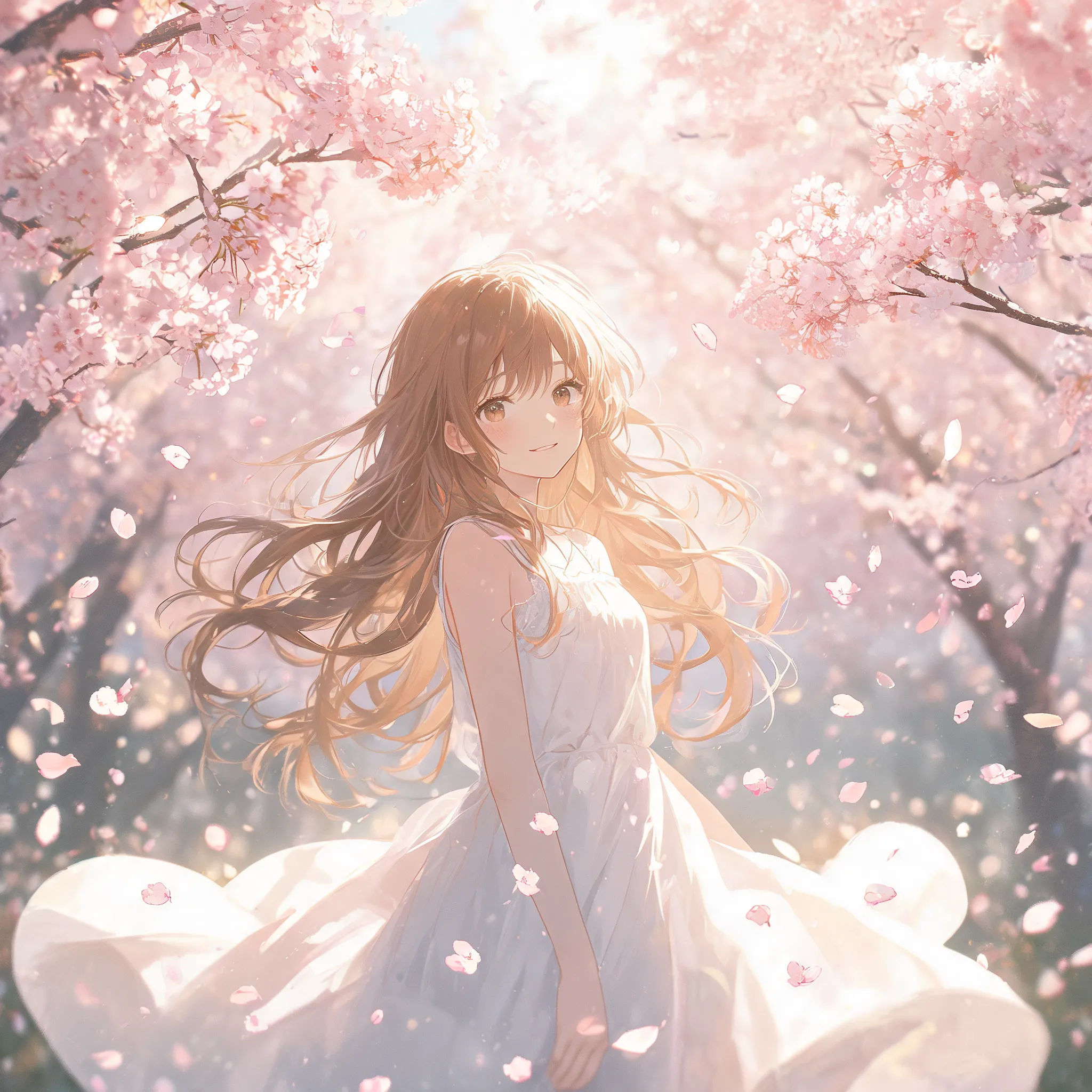 Girl under cherry blossoms, gentle breeze, petals flying, warm sunlight
