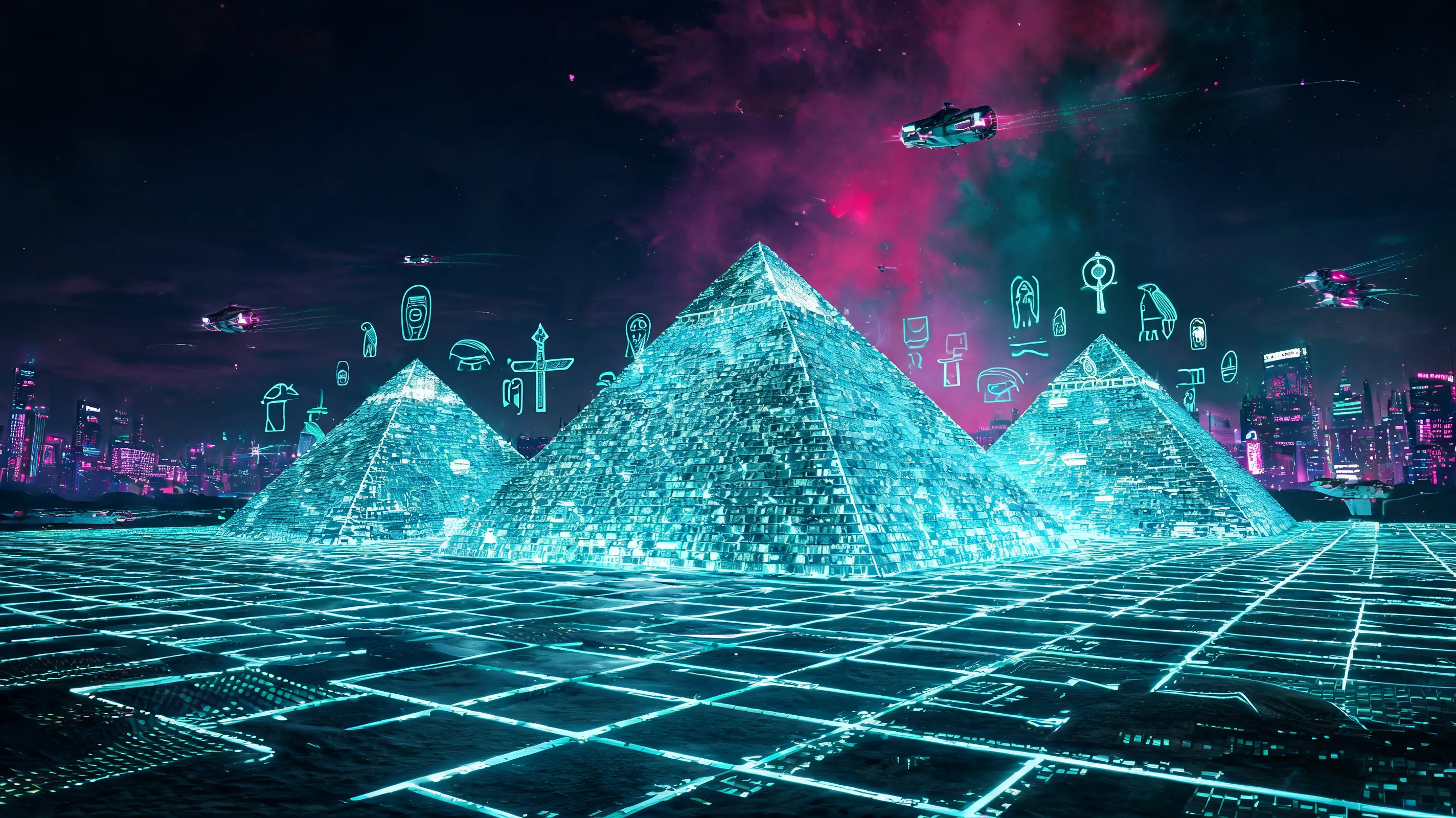 Ancient Egyptian pyramids, Giza plateau, but built from translucent glowing cyan neon glass bricks, holographic hieroglyphics floating in the air, cyberpunk skyline with flying vehicles, desert sand turned into a digital grid, intense magenta and teal lighting, night scene, futuristic dystopian atmosphere, 8k, cinematic, hyper-detailed, unreal engine 5 render style.