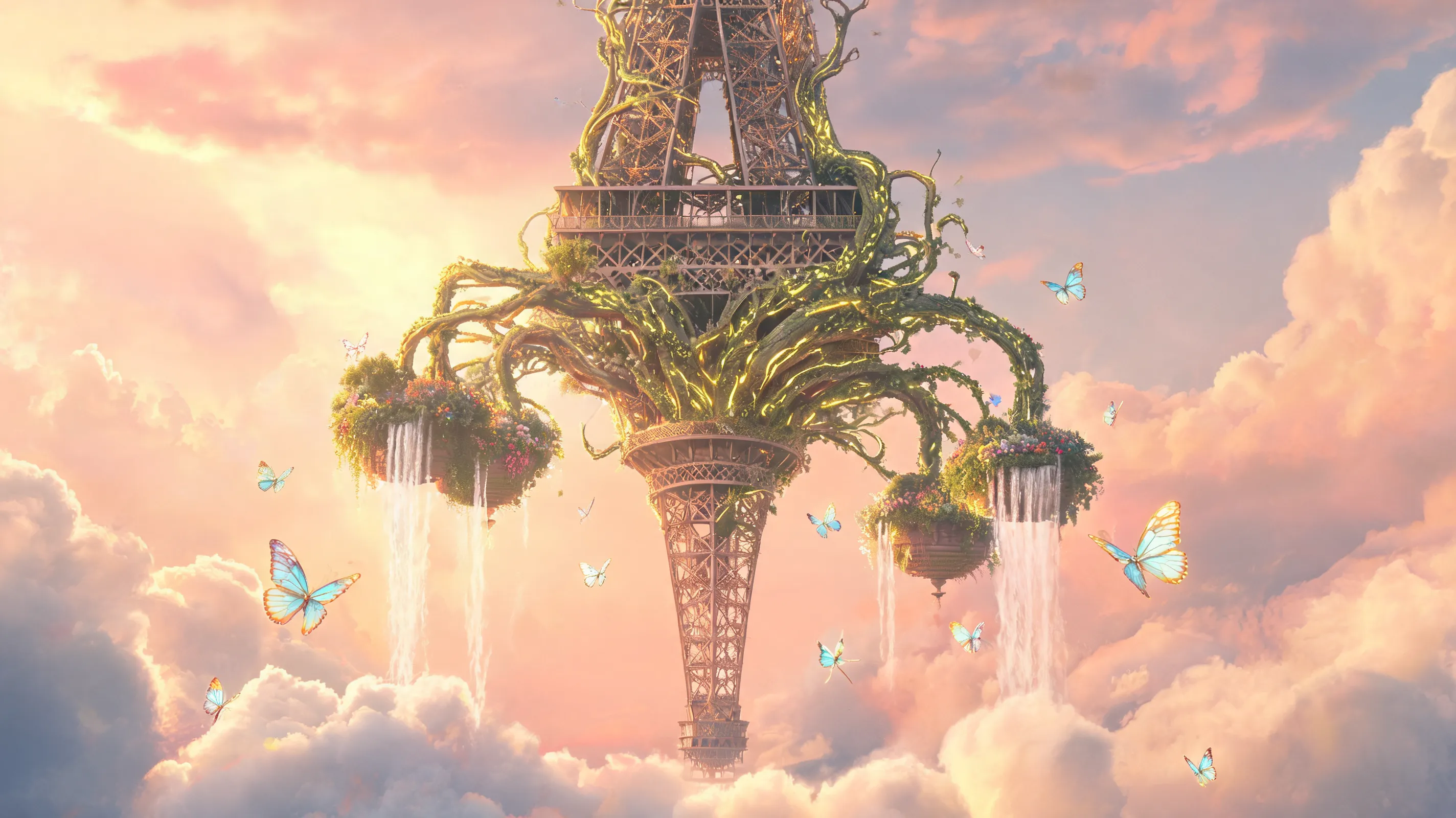 Eiffel Tower in Paris, but inverted and floating upside down in the sky, massive glowing magical tree roots wrapping around its structure, hanging luminous gardens and waterfalls cascading into the clouds, bioluminescent butterflies, soft golden hour light, whimsical fantasy style, artstation masterpiece, highly detailed, ethereal, dreamlike.
