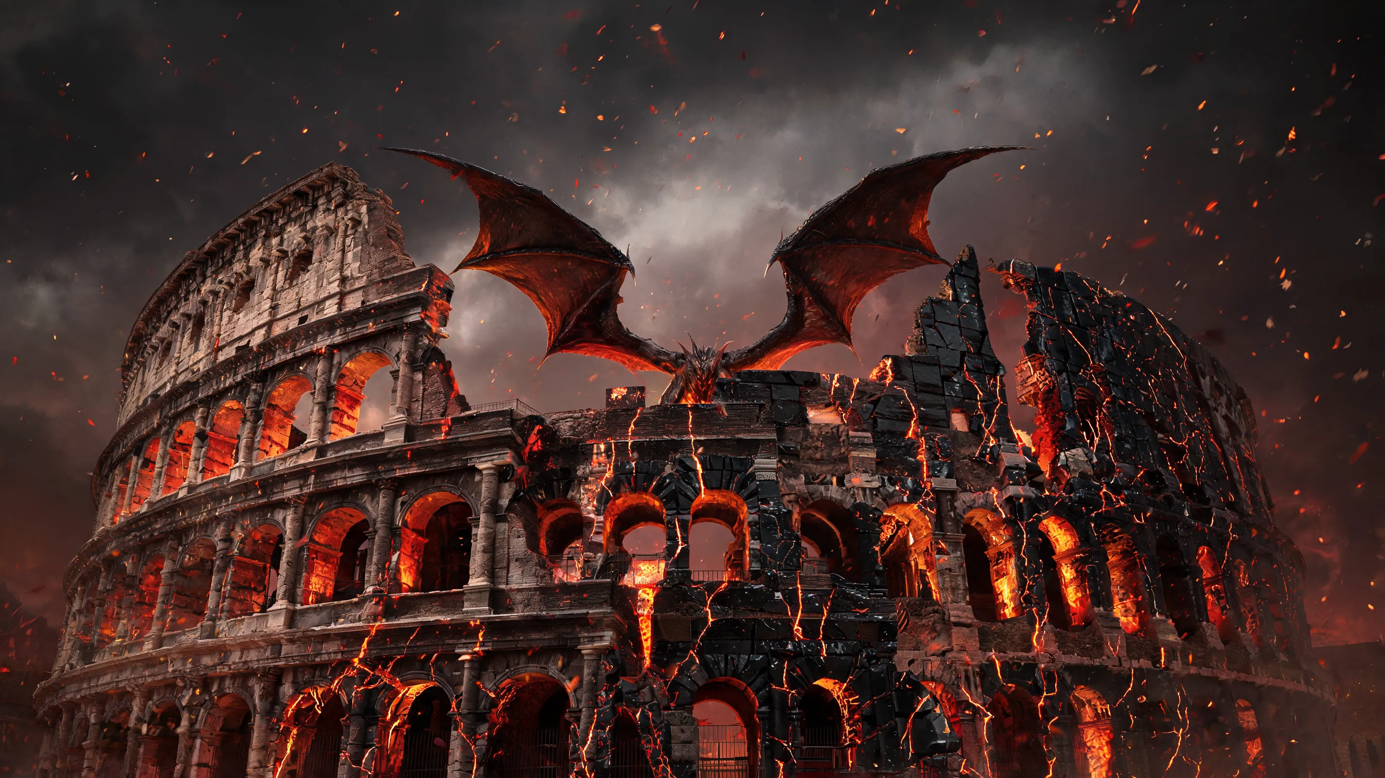 Roman Colosseum, but partially destroyed and rebuilt with obsidian and molten lava veins cracking through the stone, giant demonic wings spreading from the center, fiery ash falling from the sky, dark fantasy apocalyptic mood, dramatic low-angle shot, red and orange fire lighting, heavy shadows, concept art style, grimdark, intense.