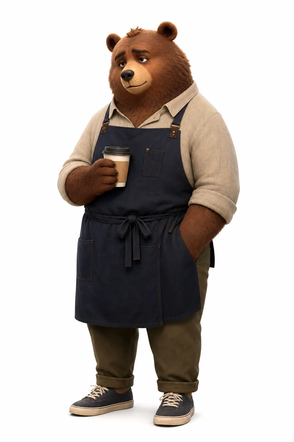 An anthropomorphic brown bear, main cast member of an adult animated series, able to talk, wearing a linen shirt, deep navy apron, relaxed trousers and canvas shoes, round soft body shape but not childish, gentle and slightly anxious expression, holding a warm coffee cup, independent coffee shop owner in a modern city, warm but emotionally tired, mature cute design, realistic adult lifestyle feeling, full body character design, high-end 3D animated character, cinematic soft lighting, clean white background. Same animated series, same visual language, adult audience, urban emotional comedy, mature cute style, stylish wardrobe, nuanced facial expression, not for children, not toy-like, not babyish. Negative prompt: childish, preschool cartoon, baby animal, toy mascot, overly cute, childish proportions, kindergarten style, fantasy costume, scary, horror, violent, realistic animal, ugly, deformed, bad anatomy, extra limbs, blurry, low quality.