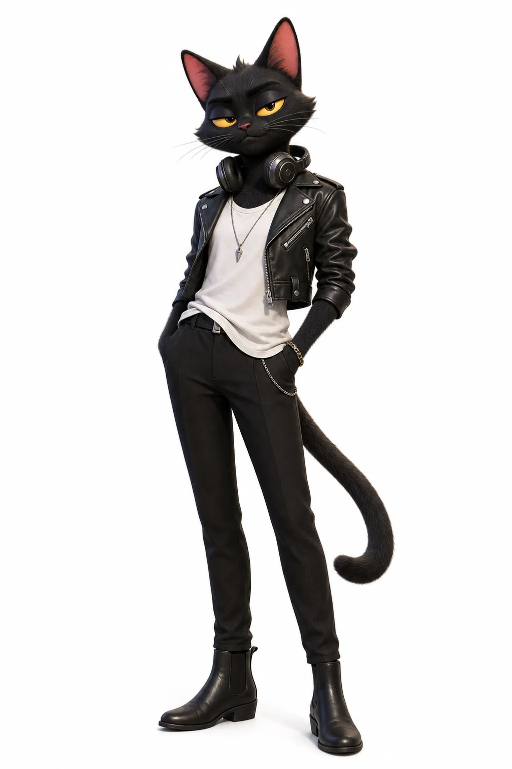 An anthropomorphic black cat, main cast member of an adult animated series, able to talk, wearing a cropped leather jacket, loose white T-shirt, silver necklace, black trousers and boots, carrying an electric guitar or wearing DJ headphones, lazy confident eyes, slightly rebellious but charming expression, urban nightlife personality, independent musician and part-time DJ, mature stylish look, cute but not childish, full body character design, high-end 3D animated character, cinematic soft lighting, clean white background. Same animated series, same visual language, adult audience, urban emotional comedy, mature cute style, stylish wardrobe, nuanced facial expression, not for children, not toy-like, not babyish. Negative prompt: childish, preschool cartoon, baby animal, toy mascot, overly cute, childish proportions, kindergarten style, fantasy costume, scary, horror, violent, realistic animal, ugly, deformed, bad anatomy, extra limbs, blurry, low quality.