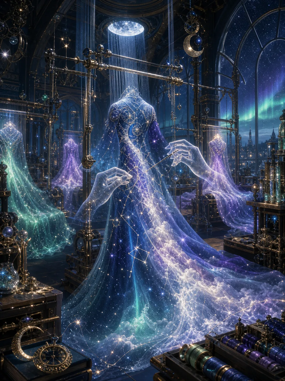 A magical tailor's workshop where garments are woven from moonlight, northern lights, clouds, and stardust instead of fabric. Giant celestial looms stretch across the room while invisible hands embroider constellations into flowing cloaks. Luxury fantasy craftsmanship, cinematic illustration.
