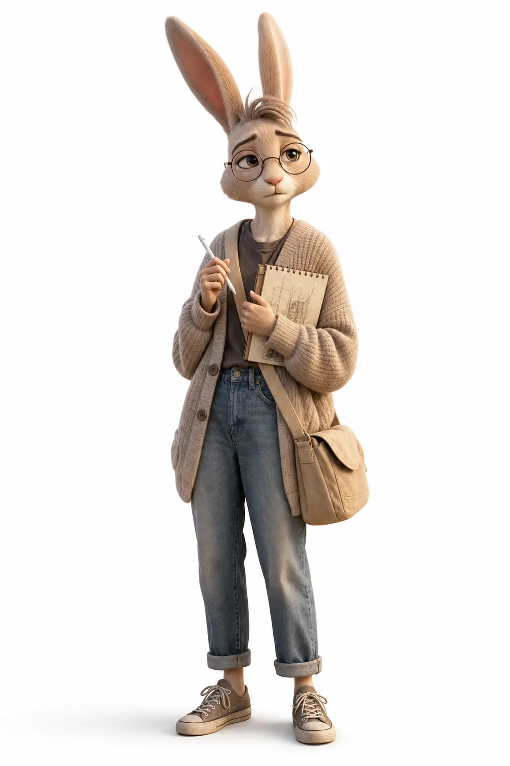 An anthropomorphic rabbit, main cast member of an adult animated series, able to talk, wearing an oversized knitted cardigan, vintage jeans, round glasses and a canvas shoulder bag, holding a sketchbook and a digital stylus, soft long ears, sensitive and sincere expression with a slightly melancholic mood, freelance illustrator living alone in a big city, artistic, emotionally vulnerable, mature cute design, warm urban adult animation feeling, full body character design, high-end 3D animated character, cinematic soft lighting, clean white background. Same animated series, same visual language, adult audience, urban emotional comedy, mature cute style, stylish wardrobe, nuanced facial expression, not for children, not toy-like, not babyish. Negative prompt: childish, preschool cartoon, baby animal, toy mascot, overly cute, childish proportions, kindergarten style, fantasy costume, scary, horror, violent, realistic animal, ugly, deformed, bad anatomy, extra limbs, blurry, low quality.