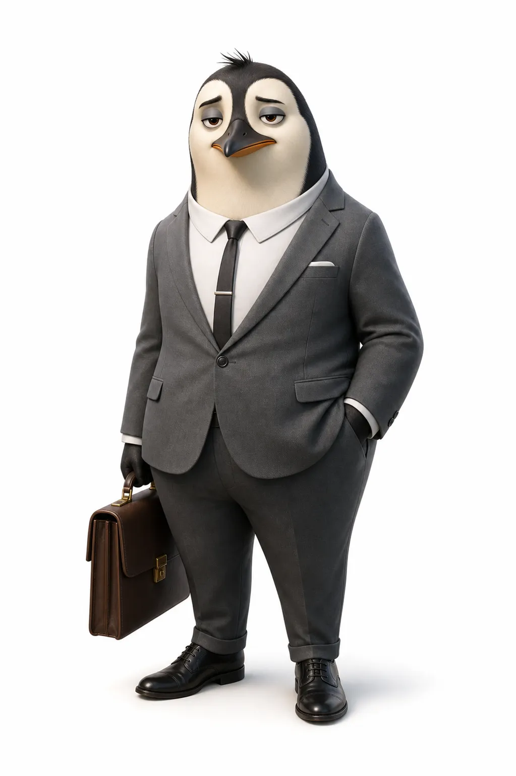 An anthropomorphic penguin, main cast member of an adult animated series, able to talk, wearing a fitted gray suit, white dress shirt, thin tie and polished shoes, carrying a leather briefcase, round body shape with a professional adult presence, calm controlled expression with subtle burnout, elite lawyer in a modern city law firm, emotionally restrained but secretly warm, cute but mature, sophisticated adult character design, full body character design, high-end 3D animated character, cinematic soft lighting, clean white background. Same animated series, same visual language, adult audience, urban emotional comedy, mature cute style, stylish wardrobe, nuanced facial expression, not for children, not toy-like, not babyish. Negative prompt: childish, preschool cartoon, baby animal, toy mascot, overly cute, childish proportions, kindergarten style, fantasy costume, scary, horror, violent, realistic animal, ugly, deformed, bad anatomy, extra limbs, blurry, low quality.