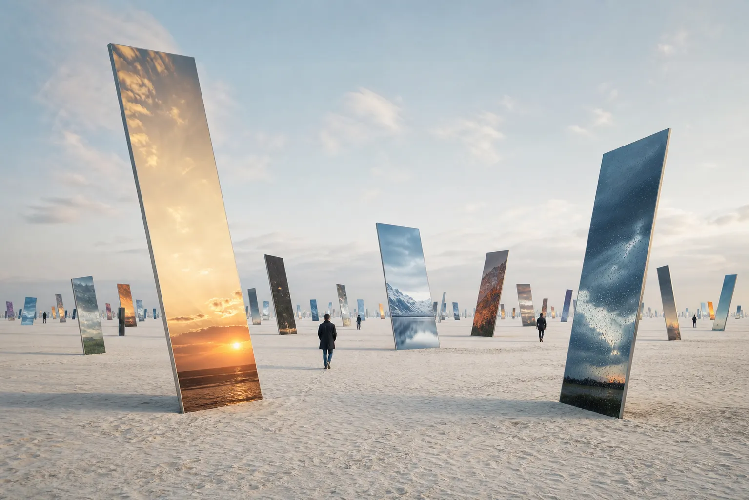 An endless white desert covered with thousands of monumental mirrors standing at different angles. Each mirror reflects a different season, weather condition, or time of day instead of the actual environment. Visitors walk through constantly changing reflections. Fine art landscape photography.