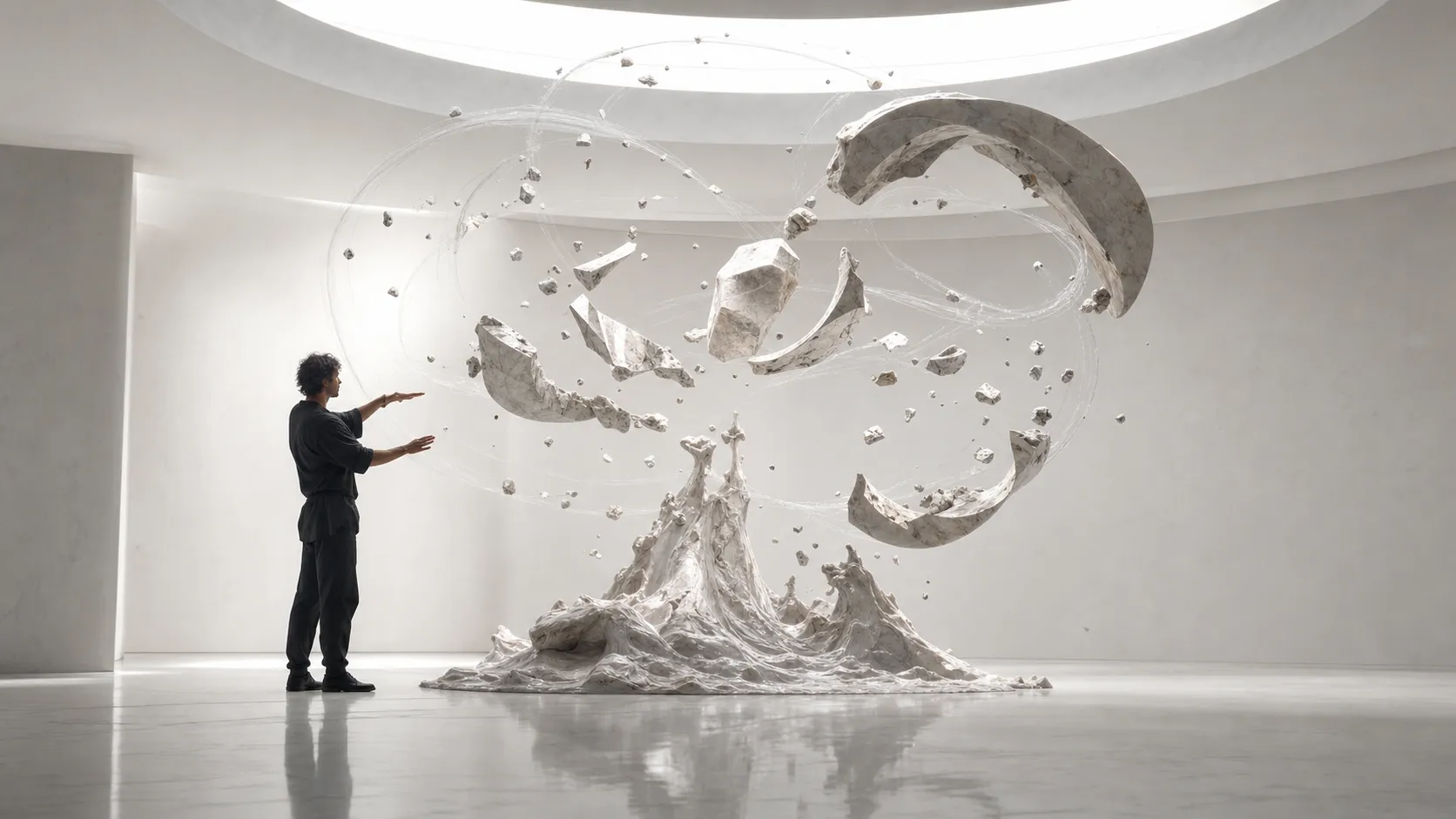 An artist inside a vast white studio uses gravity itself as a sculpting material. Mountains of liquid stone slowly rise upward while marble fragments orbit around invisible forces, forming elegant abstract sculptures suspended in midair. Museum-quality conceptual art, minimalist architecture, ultra-realistic rendering.
