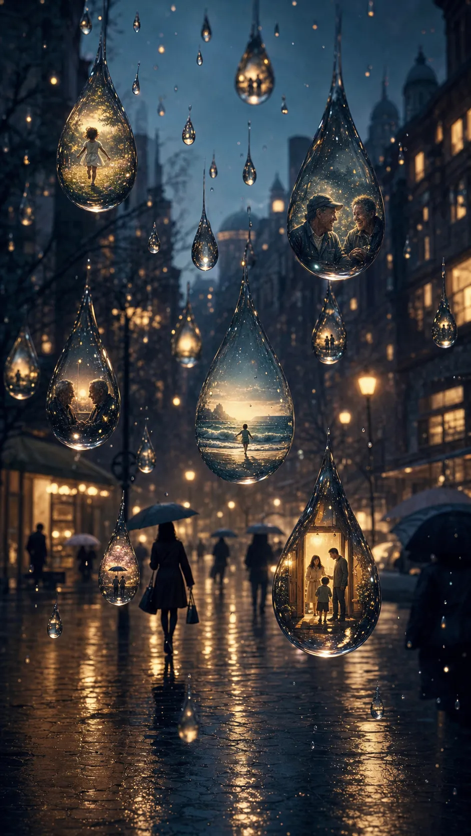 A peaceful city where every raindrop contains a tiny living memory. As the rain falls, people briefly witness forgotten childhood moments, old friendships, and distant places shimmering inside each droplet before they disappear upon touching the ground. Soft cinematic lighting, emotional magical realism.