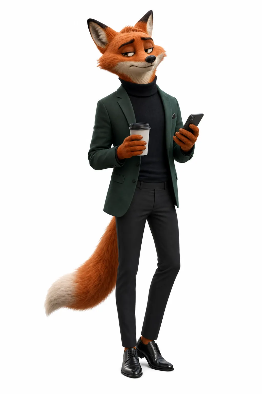 An anthropomorphic fox, main cast member of an adult animated series, able to talk, wearing a tailored dark green blazer, black turtleneck, slim trousers and leather shoes, holding a coffee cup and a smartphone, intelligent and slightly sarcastic expression, tired urban professional energy, orange-red fur, fluffy tail, creative director at a modern advertising agency, cute but mature, stylish and emotionally expressive, full body character design, high-end 3D animated character, cinematic soft lighting, clean white background. Same animated series, same visual language, adult audience, urban emotional comedy, mature cute style, stylish wardrobe, nuanced facial expression, not for children, not toy-like, not babyish. Negative prompt: childish, preschool cartoon, baby animal, toy mascot, overly cute, childish proportions, kindergarten style, fantasy costume, scary, horror, violent, realistic animal, ugly, deformed, bad anatomy, extra limbs, blurry, low quality.