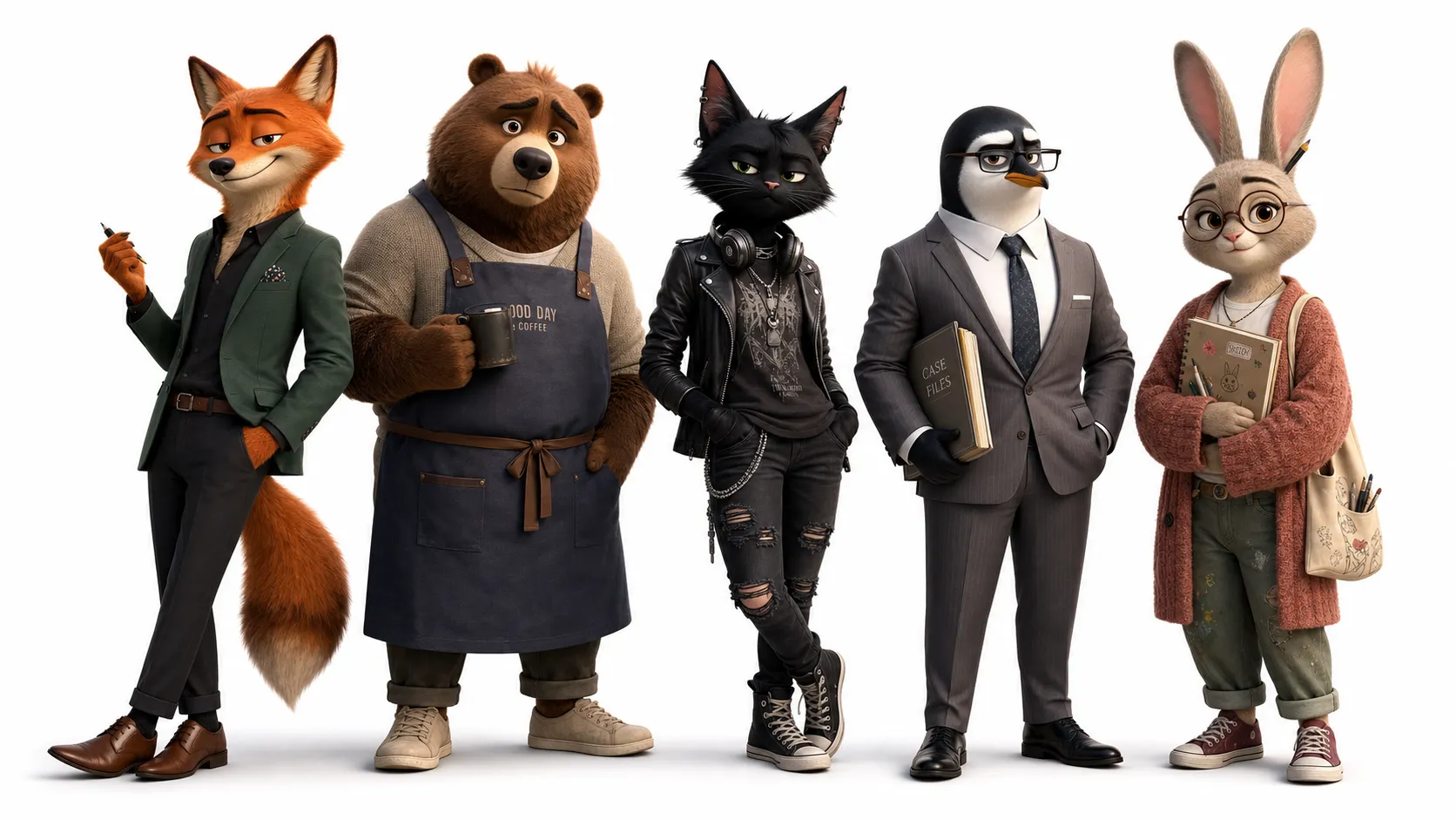 A full lineup of five anthropomorphic animal characters, main cast of an adult animated series: a sarcastic fox creative director in a dark green blazer, an anxious brown bear coffee shop owner in a navy apron, a rebellious black cat musician and DJ in a leather jacket, a restrained penguin lawyer in a gray suit, and a sensitive rabbit freelance illustrator in a knitted cardigan. They are able to talk, wearing stylish human clothes, standing together like the main cast of an urban emotional comedy drama, cute but mature, expressive faces, sophisticated character design, consistent visual language, full body character lineup, high-end 3D animated style, cinematic soft lighting, clean white background. Same animated series, same visual language, adult audience, urban emotional comedy, mature cute style, stylish wardrobe, nuanced facial expression, not for children, not toy-like, not babyish. Negative prompt: childish, preschool cartoon, baby animal, toy mascot, overly cute, childish proportions, kindergarten style, fantasy costume, scary, horror, violent, realistic animal, ugly, deformed, bad anatomy, extra limbs, blurry, low quality.