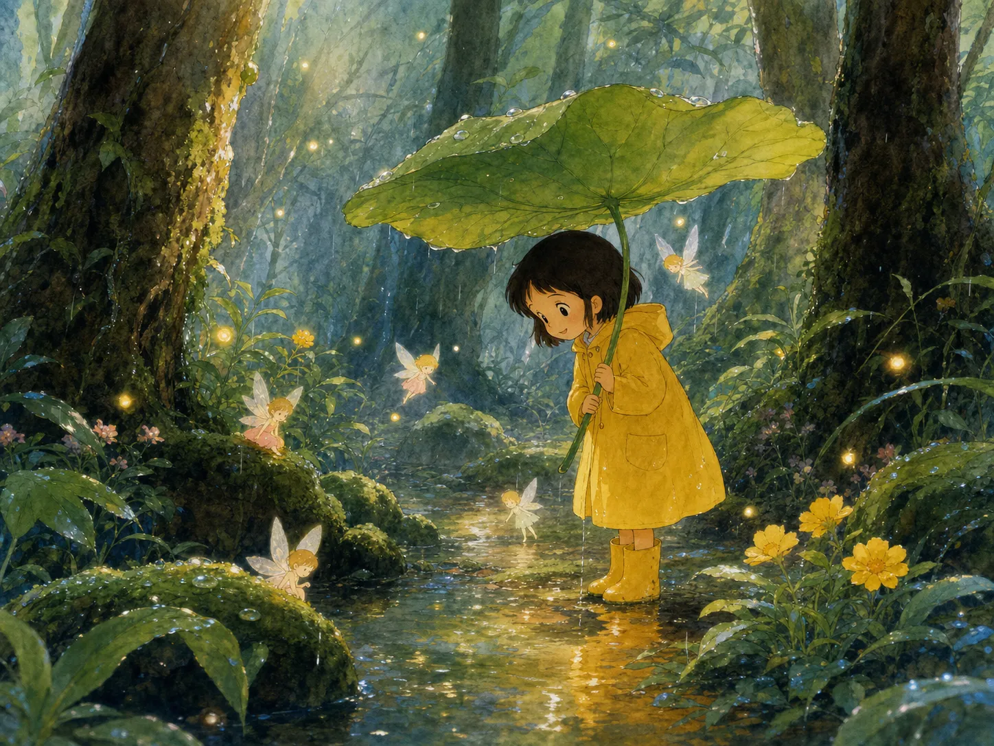 Studio Ghibli animation style, healing vibe, a little girl in a yellow raincoat holding a lotus leaf in a forest after rain, surrounded by glowing fairies, soft colors, watercolor texture, dreamy atmosphere, Hayao Miyazaki style, masterpiece.