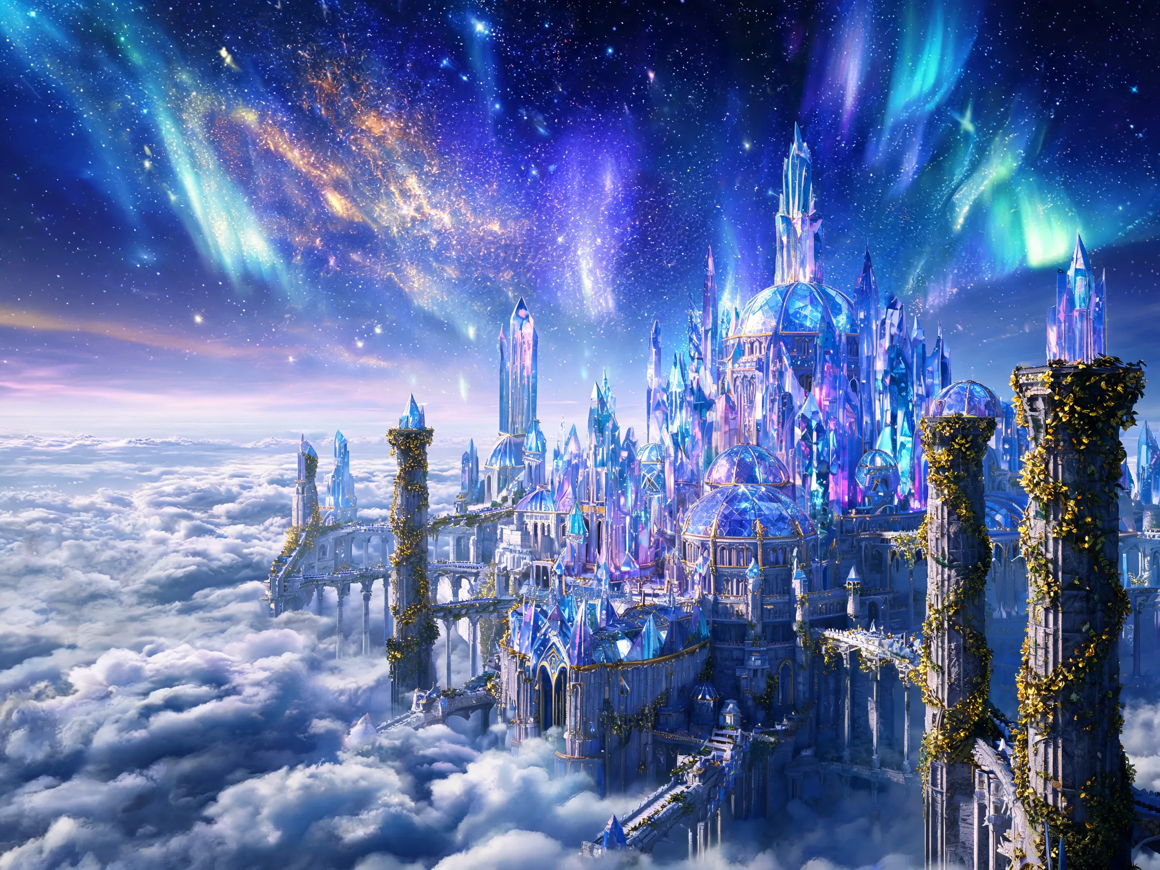 Surreal fantasy digital painting, a huge crystal palace floating in the sea of clouds under a starry sky, vines wrapped around ancient stone columns, aurora flowing in the sky, color palette of blue-purple and gold contrast, grand composition, epic atmosphere, intricate details, like a mix of Lord of the Rings and Avatar.