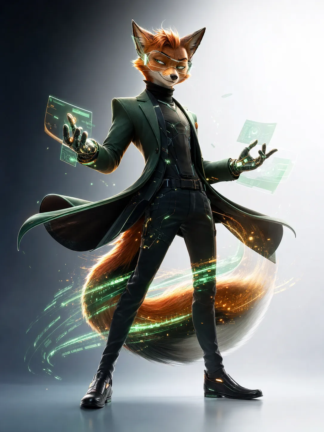 An anthropomorphic fox creative director caught in the middle of a dramatic powered transformation, his tailored dark green blazer unfolding into a sleek tactical coat, black turtleneck merging with subtle body armor, holographic glasses forming over his eyes, projection gloves igniting with translucent data panels, glowing green and amber data streams wrapping around his fluffy tail like a digital blade, intelligent sarcastic expression, elegant but dangerous energy, full body dynamic pose, cinematic transformation effect, high-end 3D animated character design, clean dark-to-white studio background. Same adult animated series, mature cute but cinematic, stylish urban fantasy action, human clothing fused with sleek wearable technology, semi-transformed powered form, dramatic transformation effect, glowing energy trails, dynamic pose, expressive nuanced face, sophisticated 3D animated style, premium streaming animation key art, not childish, not for children, not toy-like. Negative prompt: childish superhero team, preschool cartoon, baby animal, toy mascot, toy-like armor, giant robot, magical girl costume, colorful kids show, fantasy knight armor, overly cute, childish proportions, horror, gore, realistic animal, ugly, deformed, bad anatomy, extra limbs, blurry, low quality, messy design, cheap plastic armor.