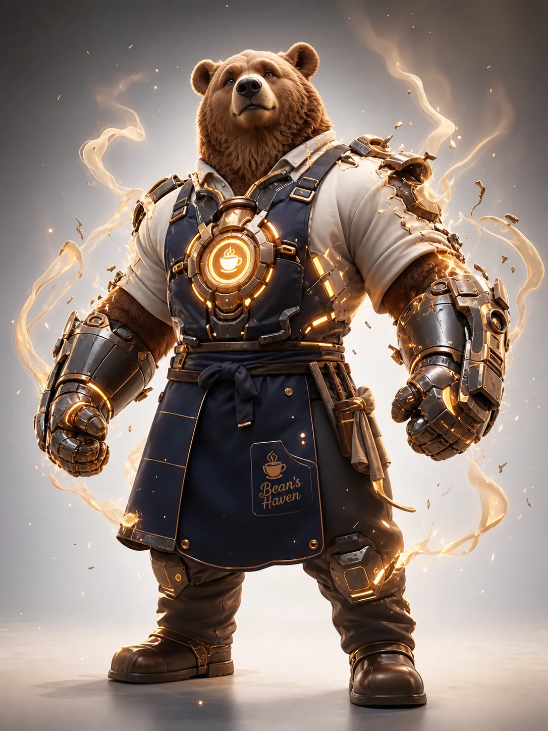 An anthropomorphic brown bear coffee shop owner caught in the middle of a dramatic powered transformation, his deep navy apron expanding into warm protective armor plates, linen shirt fusing with soft tactical padding, a glowing coffee-core reactor lighting up on his chest with amber steam-like energy, heavy mechanical forearms assembling around his arms, gentle but determined expression, protective guardian energy, sparks and warm light swirling around him, full body dynamic pose, cinematic transformation effect, high-end 3D animated character design, clean dark-to-white studio background. Same adult animated series, mature cute but cinematic, stylish urban fantasy action, human clothing fused with sleek wearable technology, semi-transformed powered form, dramatic transformation effect, glowing energy trails, dynamic pose, expressive nuanced face, sophisticated 3D animated style, premium streaming animation key art, not childish, not for children, not toy-like. Negative prompt: childish superhero team, preschool cartoon, baby animal, toy mascot, toy-like armor, giant robot, magical girl costume, colorful kids show, fantasy knight armor, overly cute, childish proportions, horror, gore, realistic animal, ugly, deformed, bad anatomy, extra limbs, blurry, low quality, messy design, cheap plastic armor.