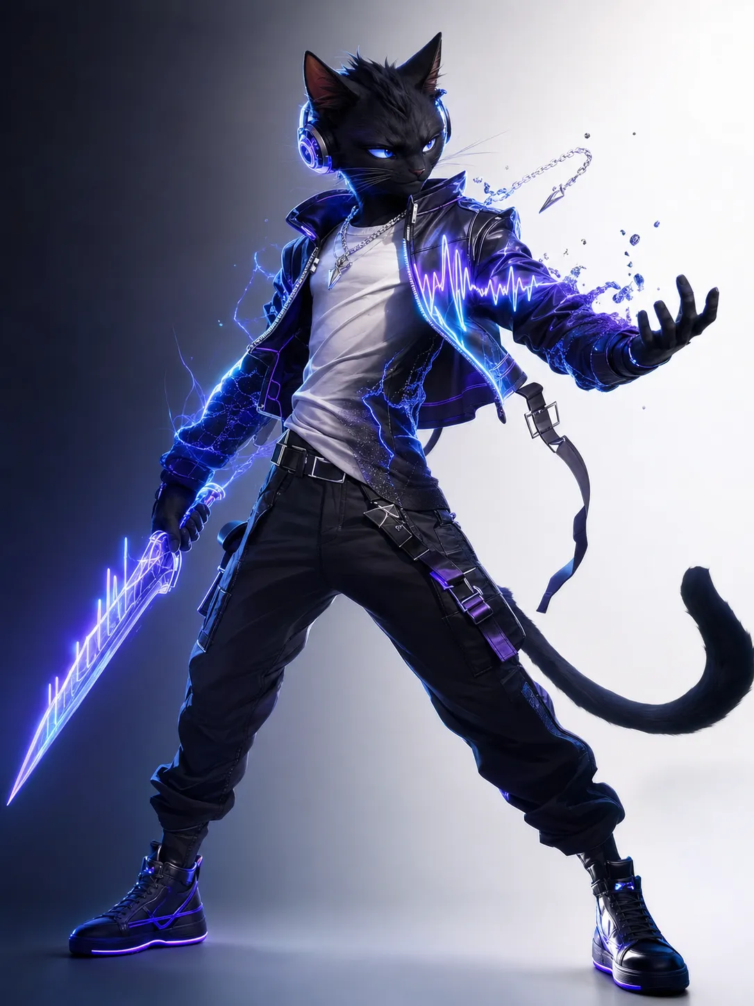 An anthropomorphic black cat musician and DJ caught in the middle of a dramatic sonic transformation, his cropped leather jacket lighting up with pulsing neon audio wave patterns, loose white T-shirt merging with flexible black tactical fabric, high-tech headphones forming around his ears, a glowing sound blade materializing from compressed blue-purple sound waves, silver necklace floating with vibration energy, agile confident pose, rebellious charming expression, urban nightlife action hero energy, full body dynamic pose, cinematic transformation effect, high-end 3D animated character design, clean dark-to-white studio background. Same adult animated series, mature cute but cinematic, stylish urban fantasy action, human clothing fused with sleek wearable technology, semi-transformed powered form, dramatic transformation effect, glowing energy trails, dynamic pose, expressive nuanced face, sophisticated 3D animated style, premium streaming animation key art, not childish, not for children, not toy-like. Negative prompt: childish superhero team, preschool cartoon, baby animal, toy mascot, toy-like armor, giant robot, magical girl costume, colorful kids show, fantasy knight armor, overly cute, childish proportions, horror, gore, realistic animal, ugly, deformed, bad anatomy, extra limbs, blurry, low quality, messy design, cheap plastic armor.