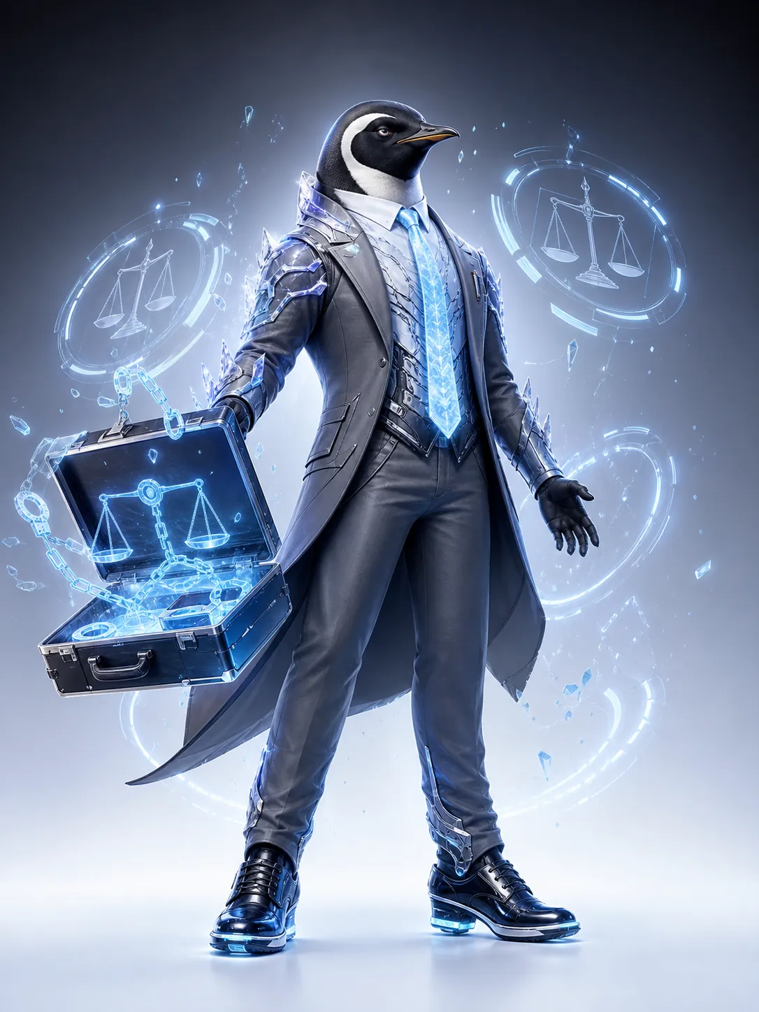 An anthropomorphic penguin lawyer caught in the middle of a dramatic controlled transformation, his fitted gray suit sharpening into elegant armored tailoring, white dress shirt becoming structured tactical fabric, thin tie glowing with ice-blue energy, polished shoes forming sleek stabilizer soles, leather briefcase opening into a floating legal restraint device made of cold blue geometric energy, calm intimidating expression, precise and emotionally restrained power, ice-blue light rings and legal-symbol holograms surrounding him, full body dynamic pose, cinematic transformation effect, high-end 3D animated character design, clean dark-to-white studio background. Same adult animated series, mature cute but cinematic, stylish urban fantasy action, human clothing fused with sleek wearable technology, semi-transformed powered form, dramatic transformation effect, glowing energy trails, dynamic pose, expressive nuanced face, sophisticated 3D animated style, premium streaming animation key art, not childish, not for children, not toy-like. Negative prompt: childish superhero team, preschool cartoon, baby animal, toy mascot, toy-like armor, giant robot, magical girl costume, colorful kids show, fantasy knight armor, overly cute, childish proportions, horror, gore, realistic animal, ugly, deformed, bad anatomy, extra limbs, blurry, low quality, messy design, cheap plastic armor.