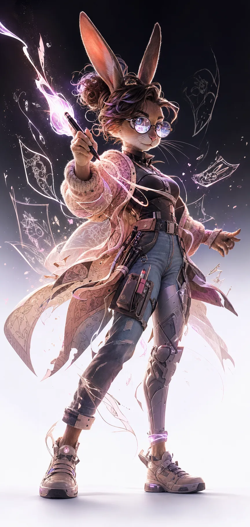 An anthropomorphic rabbit freelance illustrator caught in the middle of a dramatic creative transformation, her oversized knitted cardigan splitting into flowing sketch-like panels mixed with light tactical gear, vintage jeans merging with soft flexible armor, round glasses glowing with reflected drawing interfaces, a digital stylus igniting like a luminous brush, floating sketch lines and hand-drawn symbols becoming real around her, sensitive but brave expression, emotional creative power, soft pastel energy mixed with bright white line art, full body dynamic pose, cinematic transformation effect, high-end 3D animated character design, clean dark-to-white studio background. Same adult animated series, mature cute but cinematic, stylish urban fantasy action, human clothing fused with sleek wearable technology, semi-transformed powered form, dramatic transformation effect, glowing energy trails, dynamic pose, expressive nuanced face, sophisticated 3D animated style, premium streaming animation key art, not childish, not for children, not toy-like. Negative prompt: childish superhero team, preschool cartoon, baby animal, toy mascot, toy-like armor, giant robot, magical girl costume, colorful kids show, fantasy knight armor, overly cute, childish proportions, horror, gore, realistic animal, ugly, deformed, bad anatomy, extra limbs, blurry, low quality, messy design, cheap plastic armor.