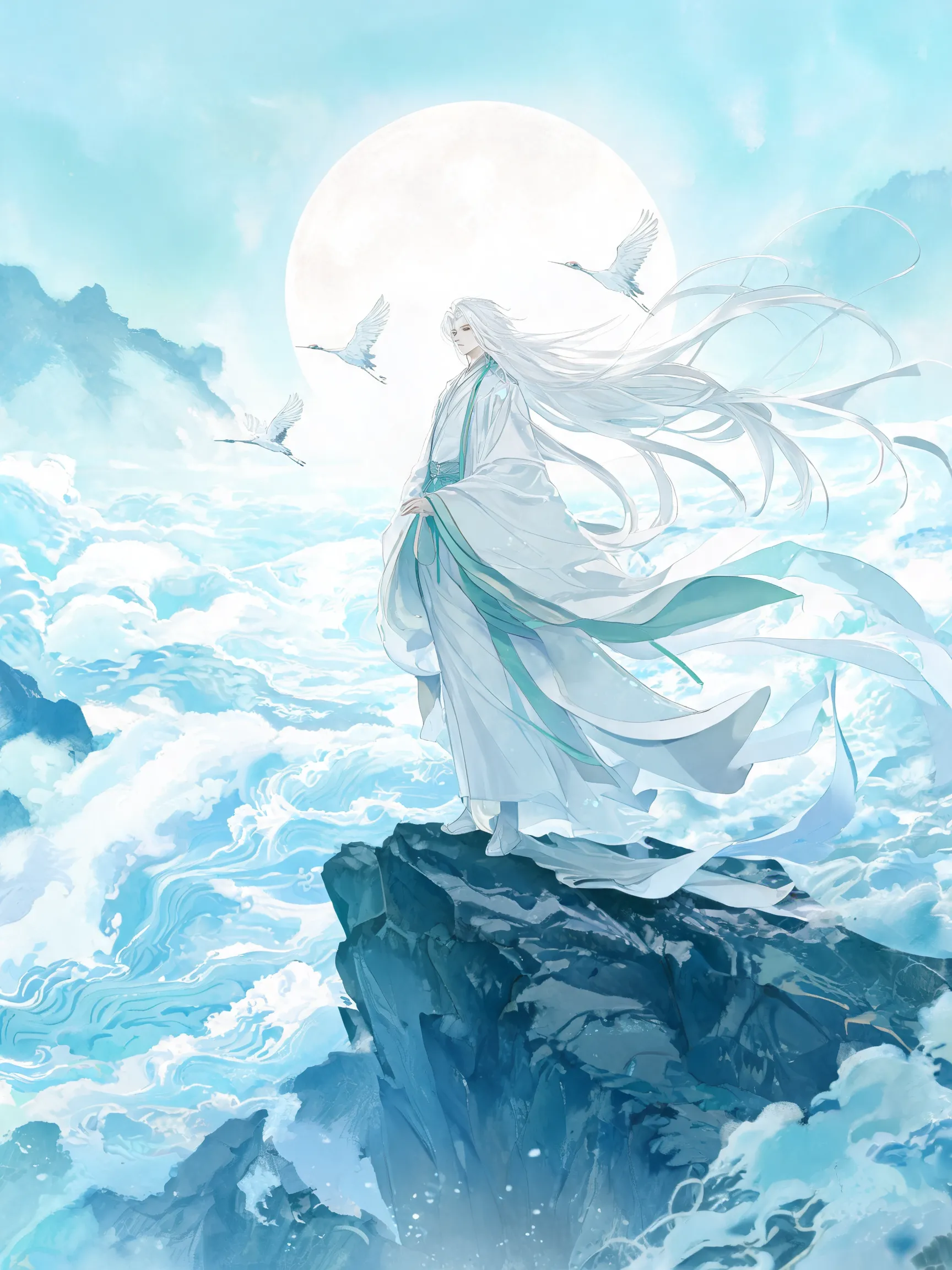 Chinese-style anime heavy painting style, an ancient white-haired immortal in traditional robes standing on a cliff, clothes fluttering, a huge full moon behind him, sea of clouds churning beneath his feet, cranes flying in the distance, color tone mainly cyan-blue and moonlight white, with ink-wash bleeding edges, elegant and ethereal, grand scene composition, strong oriental aesthetic, similar to Onmyoji or Genshin Impact Liyue style.