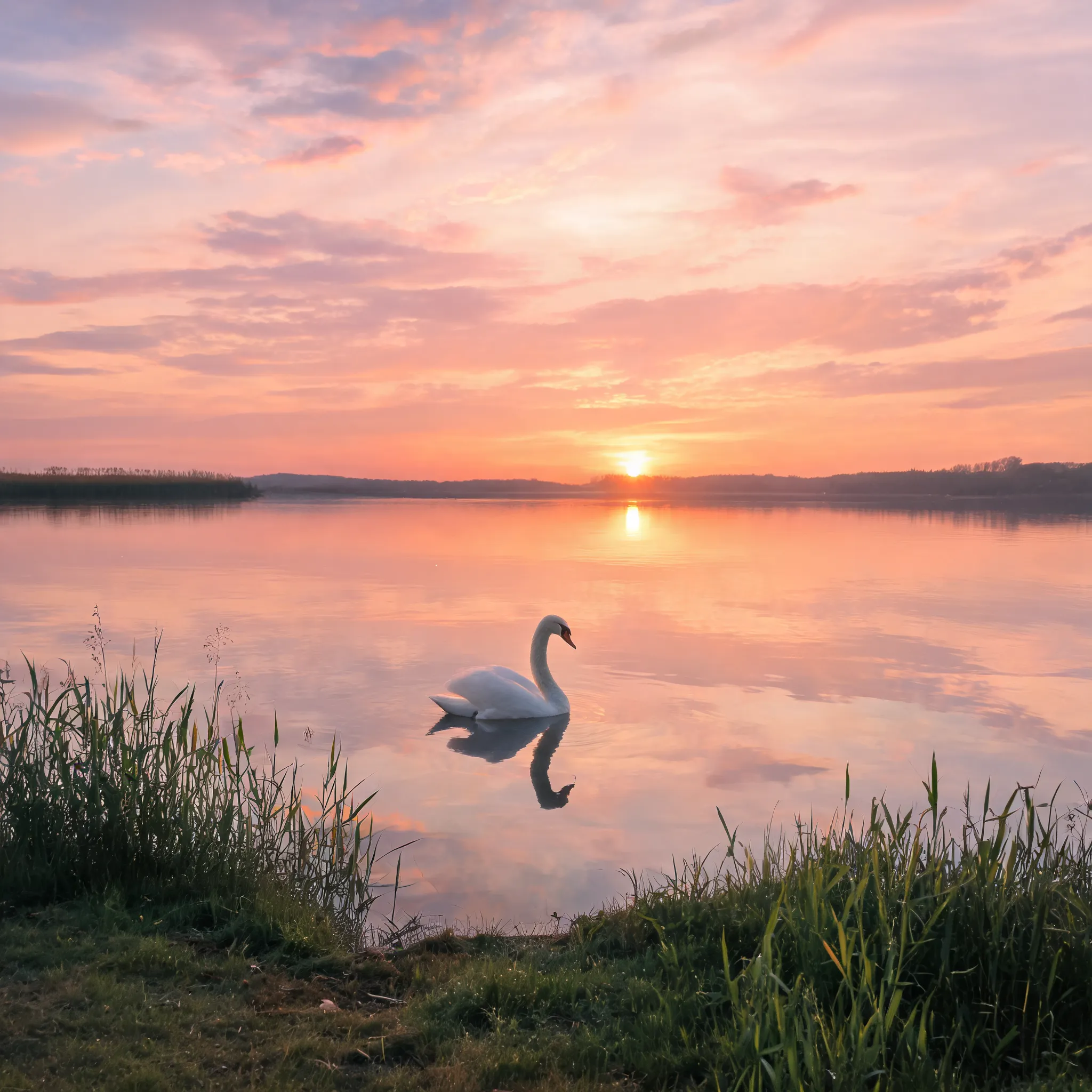 Tranquil swan at lakeside sunset