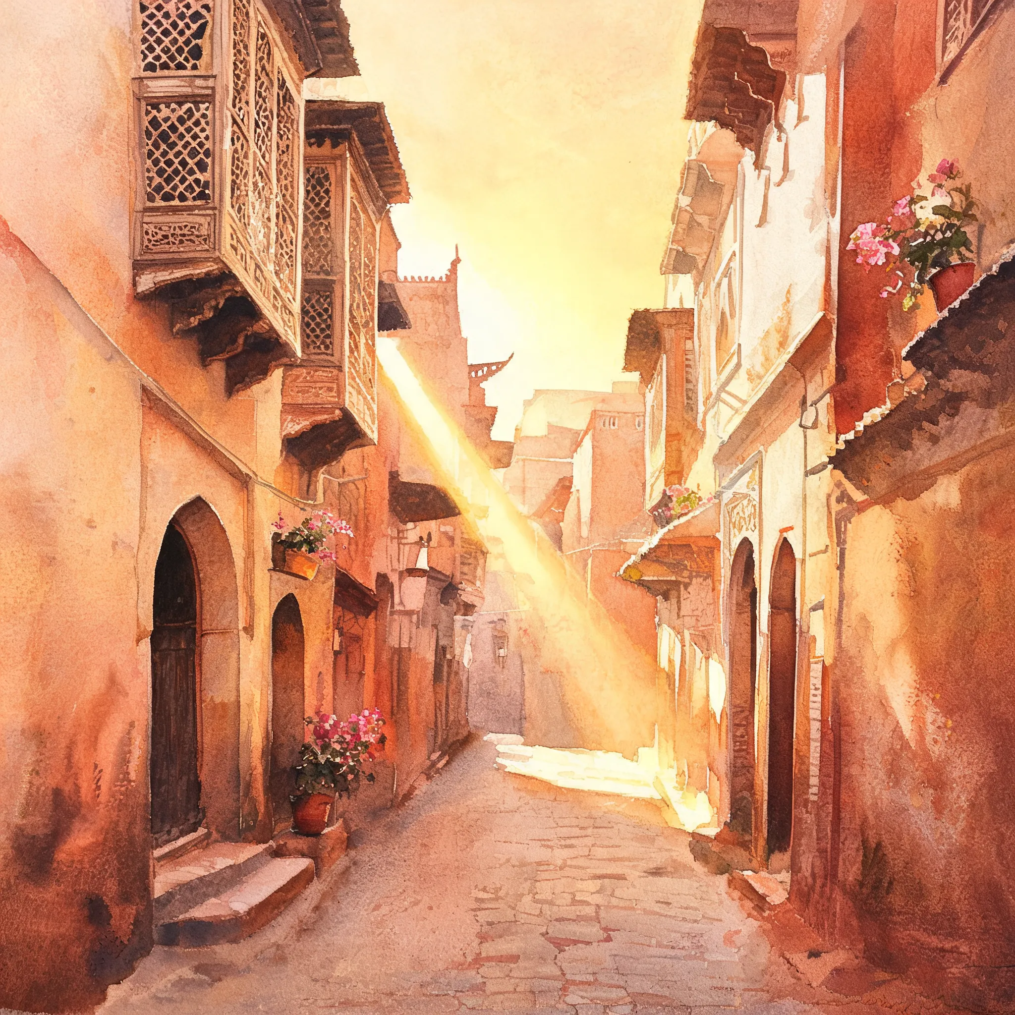 Moroccan medina, layered watercolor technique, ochre tone gradients, architectural negative space, sunlight penetration