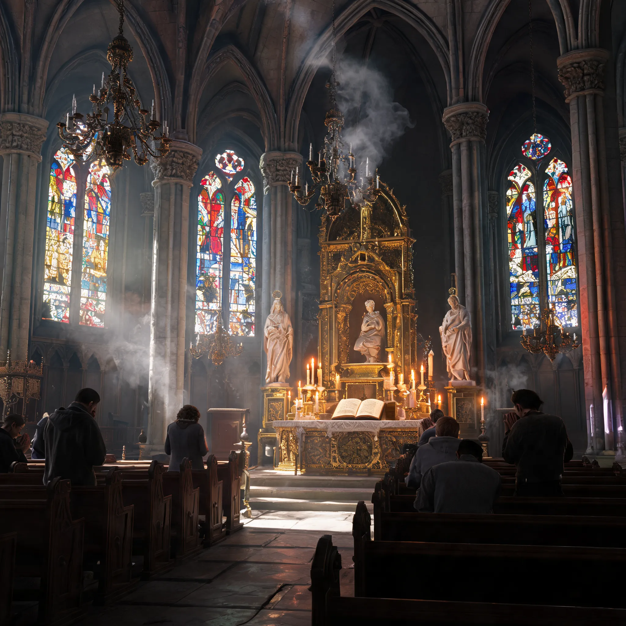 Stained glass windows, burning candles, saint statues, gilded altar, wooden pews, bronze chandeliers, Gothic pillars, ancient scriptures, devout worshippers, incense smoke