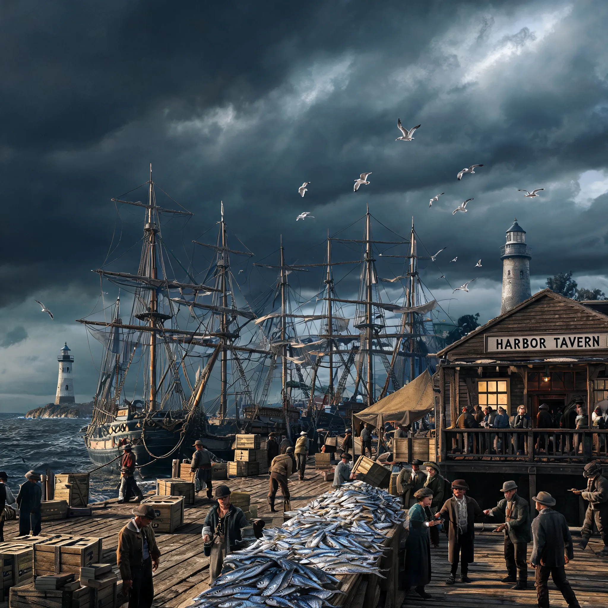 Sailing ships, dock workers, cargo crates, fresh catch, soaring seagulls, distant lighthouse, storm clouds, merchants trading, harbor tavern, tall masts