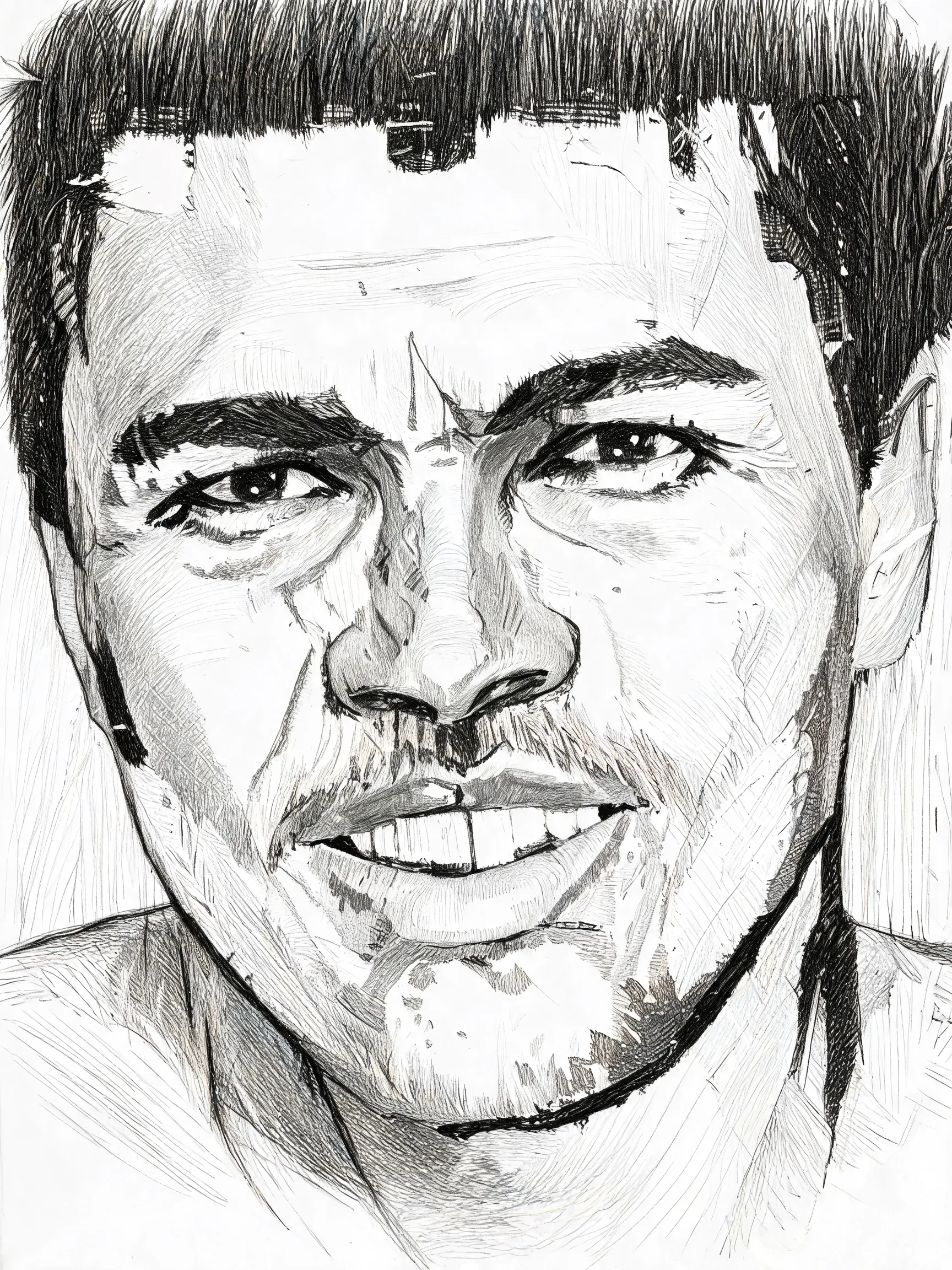 Recreate the uploaded portrait photo as a hyper-realistic line sketch. Focus the entire rendering on the face: use pencil lines of varying density, weight, and hatching to draw every shadow, highlight, and facial detail—there should be no soft, blended shading, only linework defining light and dark. Keep contour lines sharp and expressive, use layered cross-hatching to build volume and texture, and maintain the character’s exact likeness and expression. The rest of the portrait and background should be simple and unobtrusive, so all attention stays on the linework of the face. Hand-drawn, authentic pencil sketch texture, high detail, pure black and white, no distortion.