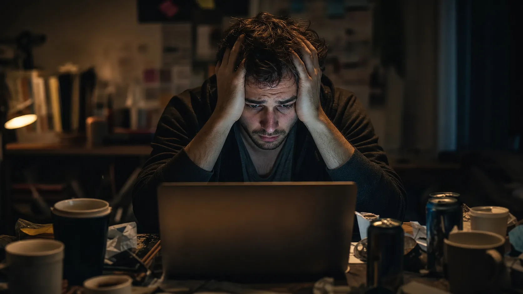 A cinematic close-up shot of a tired young male app developer, looking stressed and exhausted, holding his head in hands, sitting in front of a glowing laptop screen in a messy dark room at midnight, surrounded by coffee mugs and energy drink cans, photorealistic, dramatic lighting, 16:9 aspect ratio, 4k.