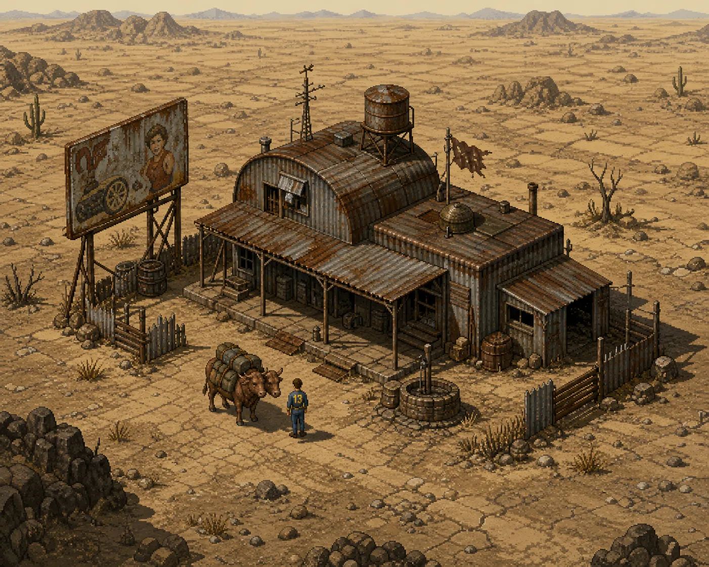 Isometric view, a small desolate desert outpost in the classic Fallout 1 aesthetic, retro-futuristic 1950s architecture with rusty corrugated metal shacks and a dilapidated billboard, a lone figure in a blue and yellow Vault 13 jumpsuit standing next to a brahmin with two heads, vast emptiness of the wasteland stretching to the horizon, harsh sun creating deep shadows, a gritty and bleak atmosphere, a limited color palette dominated by dusty browns, muted ochres, and pale yellows, 256-color pixel art style, 64x64 pixel grid aesthetic, Mark Morgan ambient wasteland vibe, isometric crpg game art style.