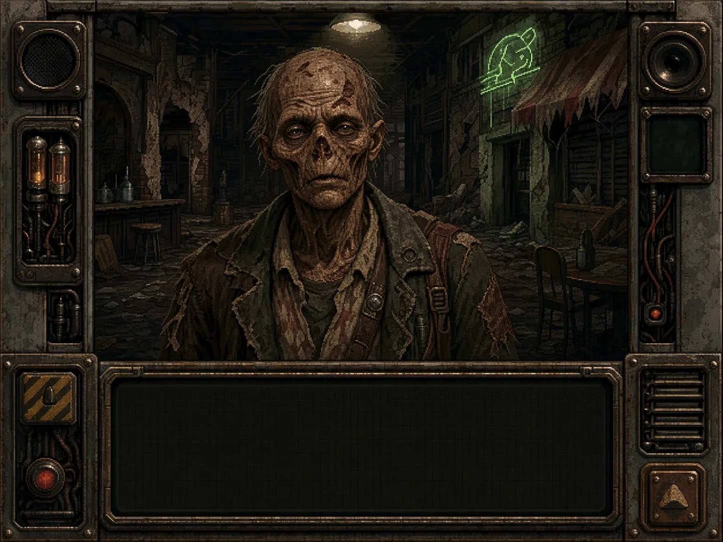 Fallout 1 character dialogue screen style, first-person perspective of a Vault Dweller talking to a ghoul with a gravely voice and tattered clothing in the Hub's old town, 1950s retro-futuristic outfits, an animated talking head portrait, character portrait with a neutral and tired expression, the background shows a dilapidated building interior with cracked walls and a flickering neon sign, a very limited color palette with a focus on browns and muted greens, gritty pixel art, highly detailed character portrait with visible wear and tear, dark and moody lighting from a single overhead source.