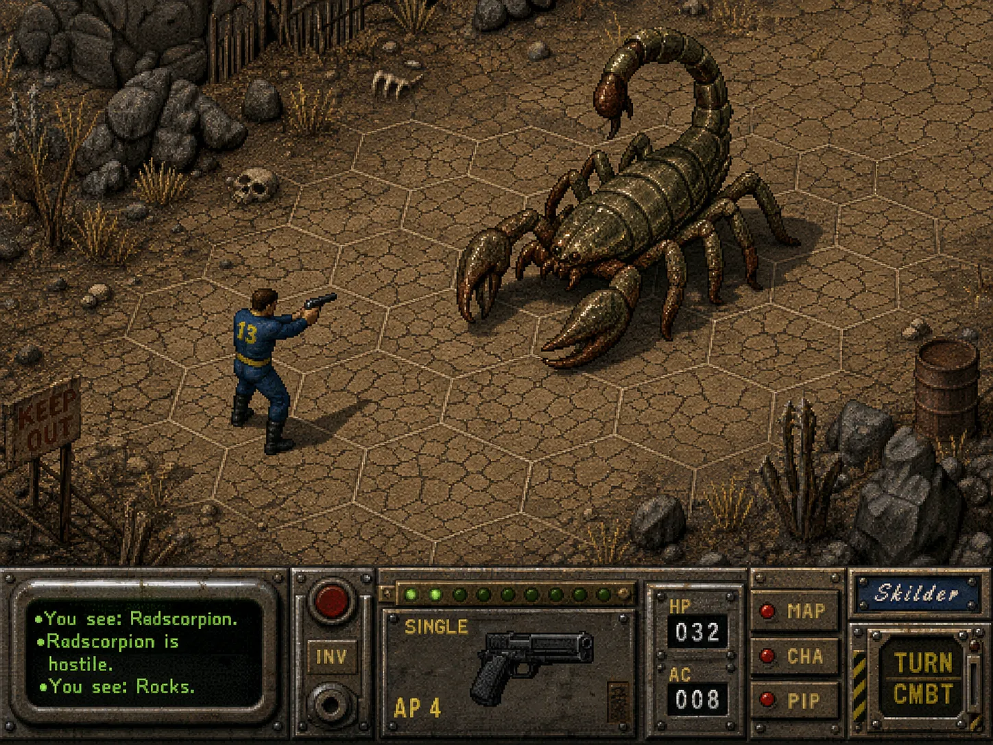 Isometric tactical combat scene in Fallout 1 style, a male Vault Dweller wearing a Vault 13 jumpsuit, wielding a 10mm pistol, aiming at a giant radscorpion in the middle of a dry cracked wasteland, hex grid overlay faintly visible on the ground, action pose with a focus on combat, gritty textures, a very limited color palette of browns, tans, and pale greens, 256-color pixel art, the interface shows action points and health bars, heavy use of brown and green hues from the classic Fallout palette, an atmosphere of desperate survival.