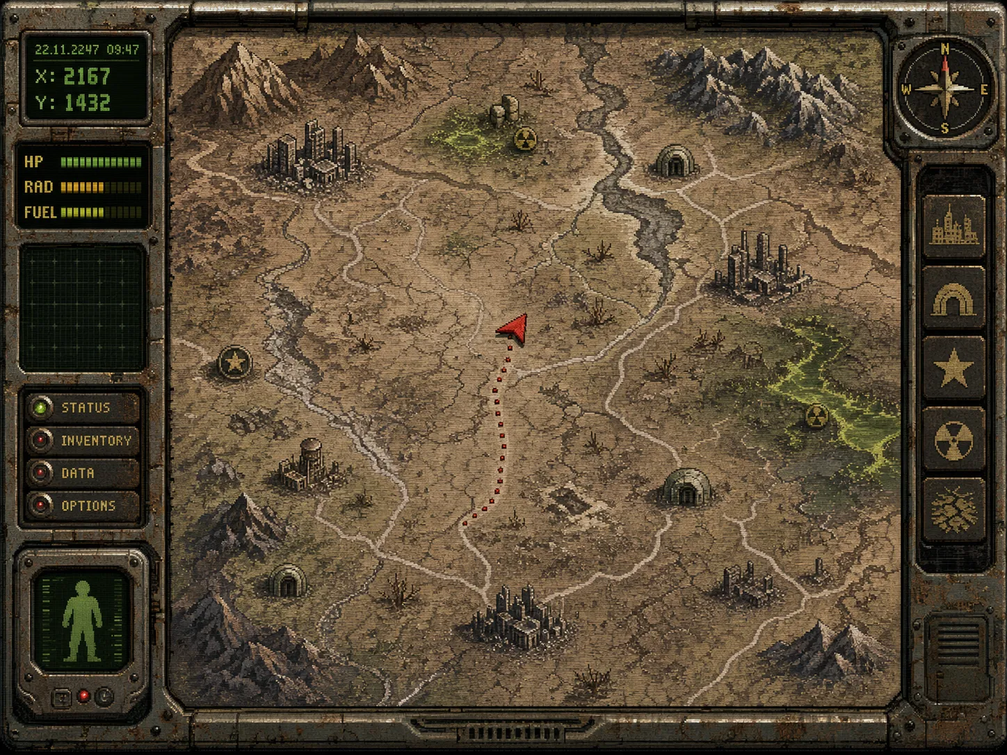 Fallout 1 world map travel screen, a red player character arrow marker moving across a vast, desolate 2D overland map, stylized representation of the wasteland with small icons representing ruined cities, mountains, and a cracked desert, the map is rendered in a muted, dusty color palette with lots of browns, beiges, and faded greens, retro-futuristic UI with a clean and functional look, compass rose and coordinates display, the feeling of a long and lonely journey through an empty and dangerous world, 256-color pixel art.