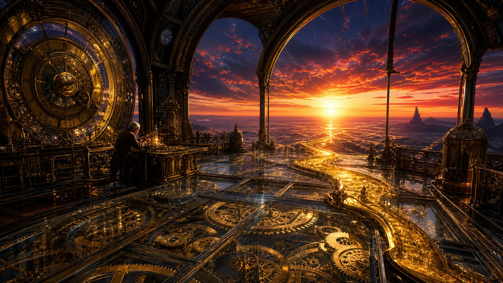 A lonely clockmaker lives inside a gigantic observatory built at the edge of the world. Every evening, he carefully adjusts enormous brass mechanisms that control the colors of the sunset. Thousands of intricate gears rotate beneath transparent glass floors while liquid gold flows through mechanical channels into the horizon. The sky transforms into breathtaking gradients of crimson, amber, violet, and deep blue. Monumental architecture, cinematic atmosphere, ultra-detailed, fine art masterpiece.