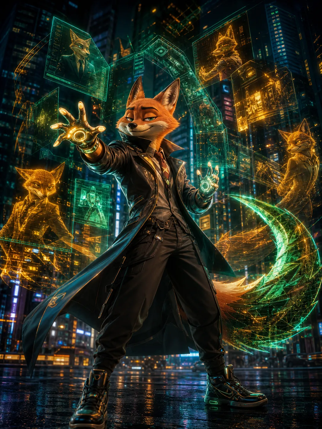 An anthropomorphic fox creative director in his powered urban gear form activating his ability called Briefstorm, standing in a modern city street at night, holographic pitch decks and false reality panels spinning around him, green and amber data streams forming multiple fox decoys, projection gloves glowing, his fluffy tail turning into a sharp digital data blade, intelligent sarcastic expression, strategist illusion controller energy. Same adult animated series, mature cute but cinematic, stylish urban fantasy action, powered transformation form, ability activation scene, dramatic energy effects, dynamic pose, expressive nuanced face, sophisticated 3D animated style, premium streaming animation key art, not childish, not for children, not toy-like. Negative prompt: childish superhero team, preschool cartoon, toy mascot, toy-like armor, giant robot, magical girl costume, colorful kids show, fantasy knight armor, gore, horror, realistic animal, ugly, deformed, bad anatomy, extra limbs, blurry, low quality, messy design, cheap plastic armor.