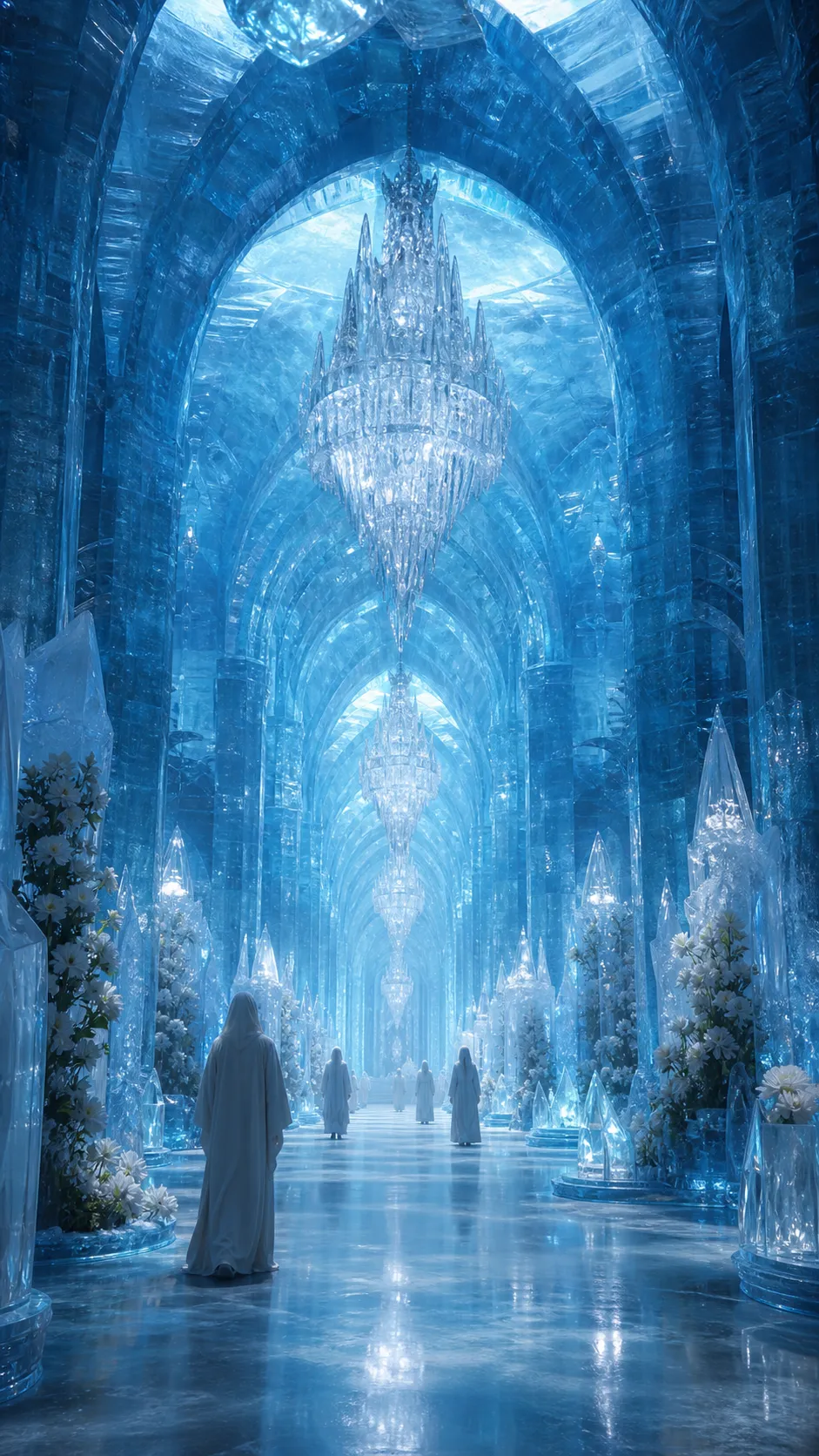 Beneath kilometers of crystal-clear Antarctic ice lies an ancient cathedral carved entirely from translucent sapphire ice. Gigantic frozen chandeliers hang from impossibly tall ceilings while soft blue light filters through centuries-old glaciers above. Silent figures in white robes walk through endless halls filled with frozen flowers and glowing crystals. Ethereal atmosphere, architectural photography, dreamlike realism.