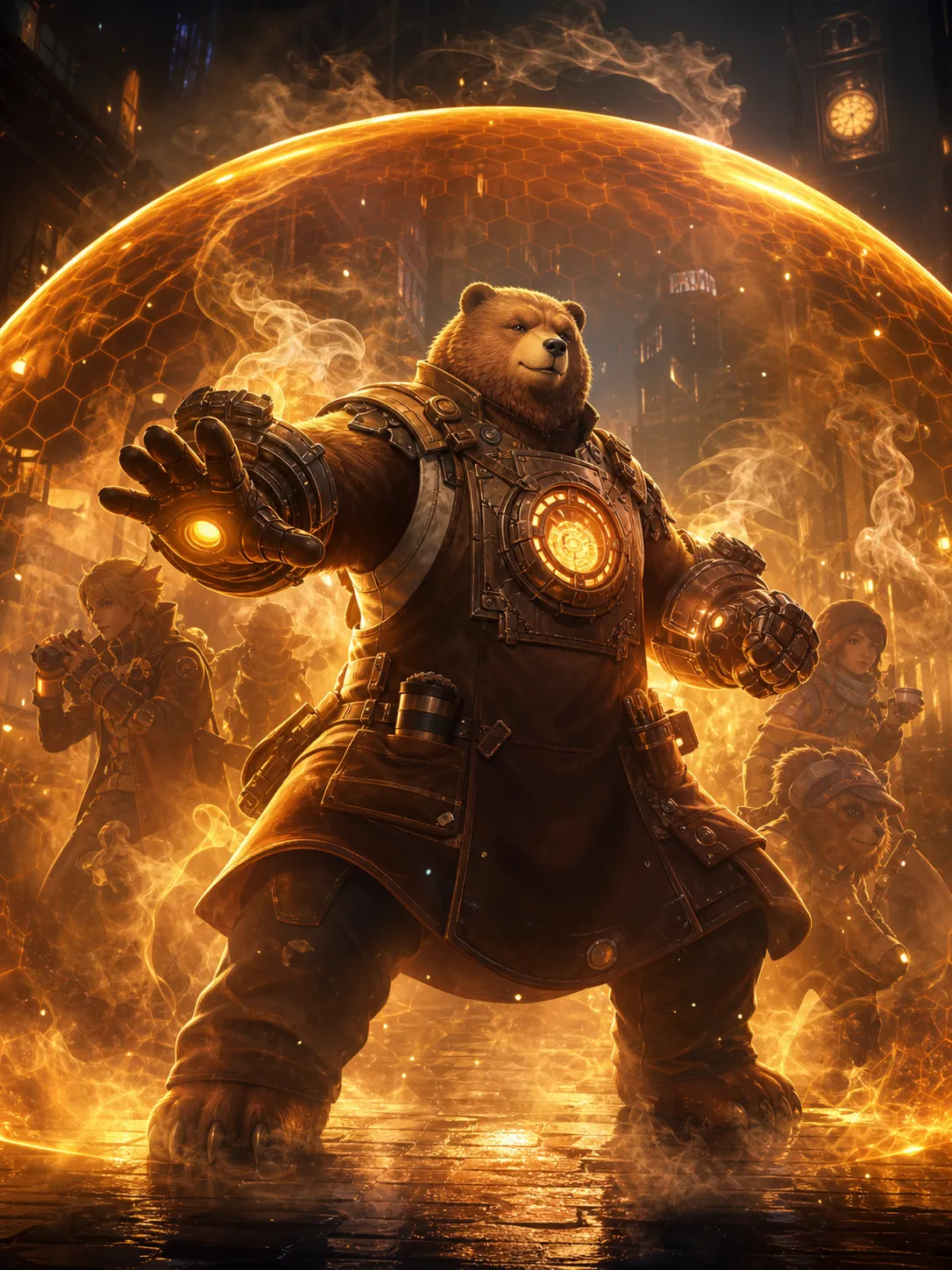 An anthropomorphic brown bear coffee shop owner in his powered protection form activating his ability called Warmhold, creating a large amber heat shield around his teammates, glowing coffee-core reactor on his chest, warm steam energy swirling from his armored apron and heavy mechanical forearms, gentle but determined expression, protective guardian stance, emotional support and healer energy, cinematic urban night lighting. Same adult animated series, mature cute but cinematic, stylish urban fantasy action, powered transformation form, ability activation scene, dramatic energy effects, dynamic pose, expressive nuanced face, sophisticated 3D animated style, premium streaming animation key art, not childish, not for children, not toy-like. Negative prompt: childish superhero team, preschool cartoon, toy mascot, toy-like armor, giant robot, magical girl costume, colorful kids show, fantasy knight armor, gore, horror, realistic animal, ugly, deformed, bad anatomy, extra limbs, blurry, low quality, messy design, cheap plastic armor.