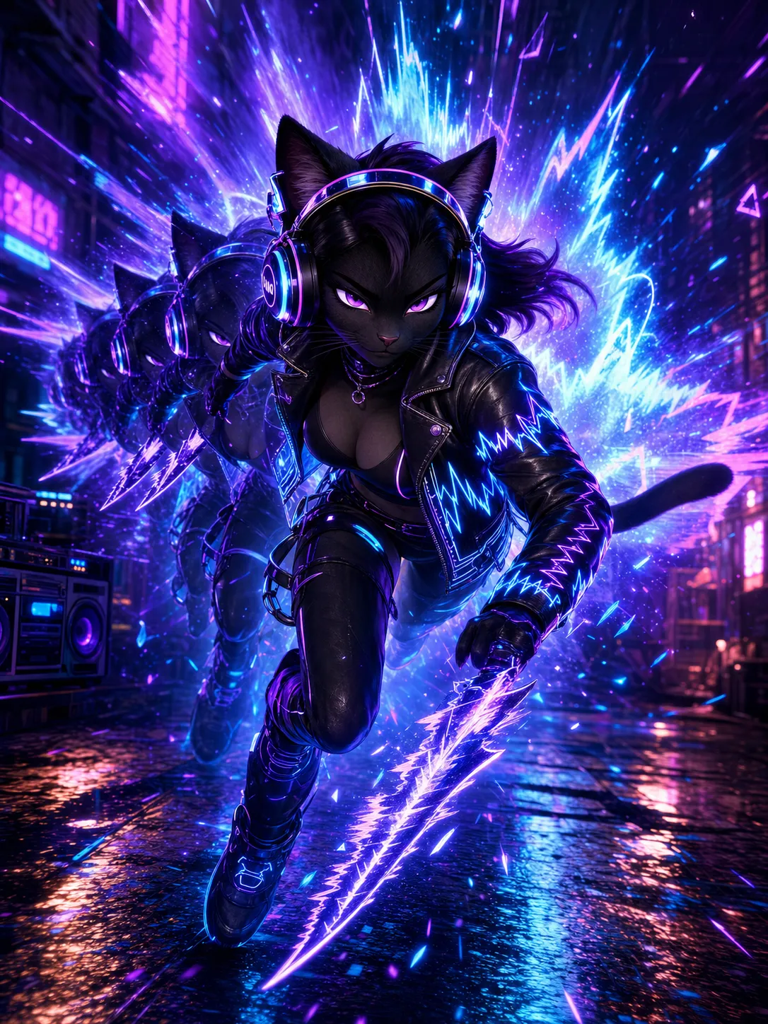 An anthropomorphic black cat musician and DJ in her powered sonic form activating her ability called Bassline Phantom, dashing through a neon alley with blue-purple sound waves exploding behind her, glowing headphones, leather tech jacket pulsing with audio waveform lines, sonic blade made of compressed music energy, rhythm afterimages following her movement, confident rebellious expression, speed fighter and disruptor energy. Same adult animated series, mature cute but cinematic, stylish urban fantasy action, powered transformation form, ability activation scene, dramatic energy effects, dynamic pose, expressive nuanced face, sophisticated 3D animated style, premium streaming animation key art, not childish, not for children, not toy-like. Negative prompt: childish superhero team, preschool cartoon, toy mascot, toy-like armor, giant robot, magical girl costume, colorful kids show, fantasy knight armor, gore, horror, realistic animal, ugly, deformed, bad anatomy, extra limbs, blurry, low quality, messy design, cheap plastic armor.
