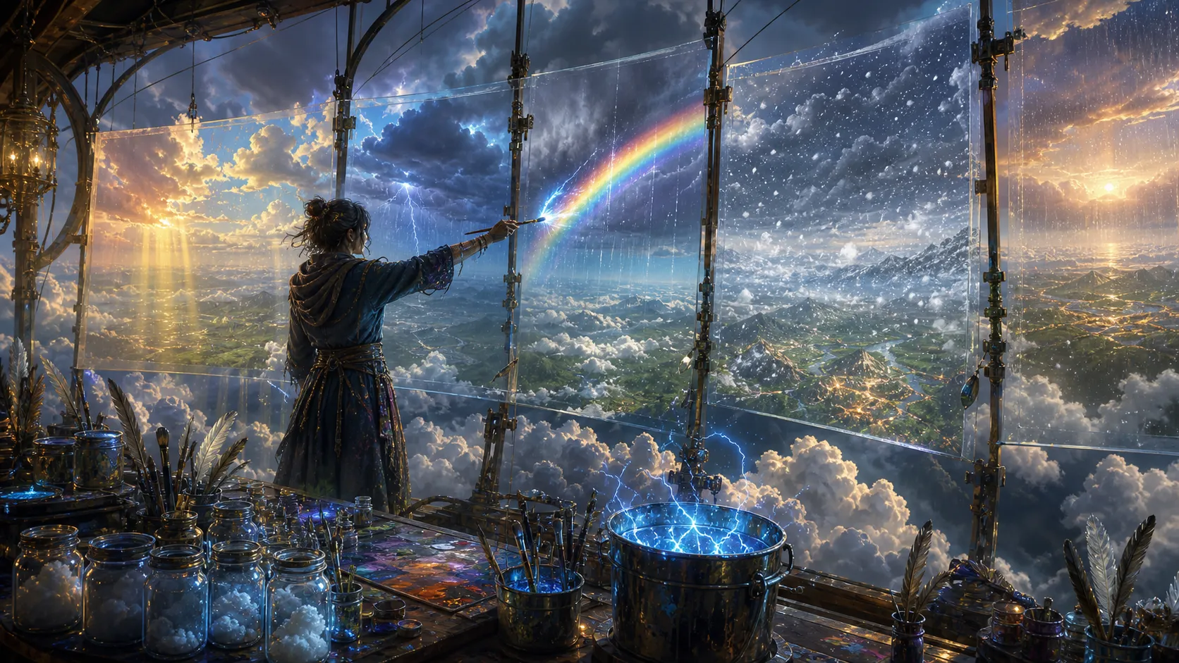 Inside an enormous studio suspended above the clouds, an artist paints weather onto giant transparent canvases stretching across the sky. Every brushstroke creates storms, rainbows, snowfall, or sunlight in the world below. Buckets of liquid lightning, jars filled with clouds, and brushes made from feathers surround the workspace. Cinematic fantasy illustration, highly imaginative.