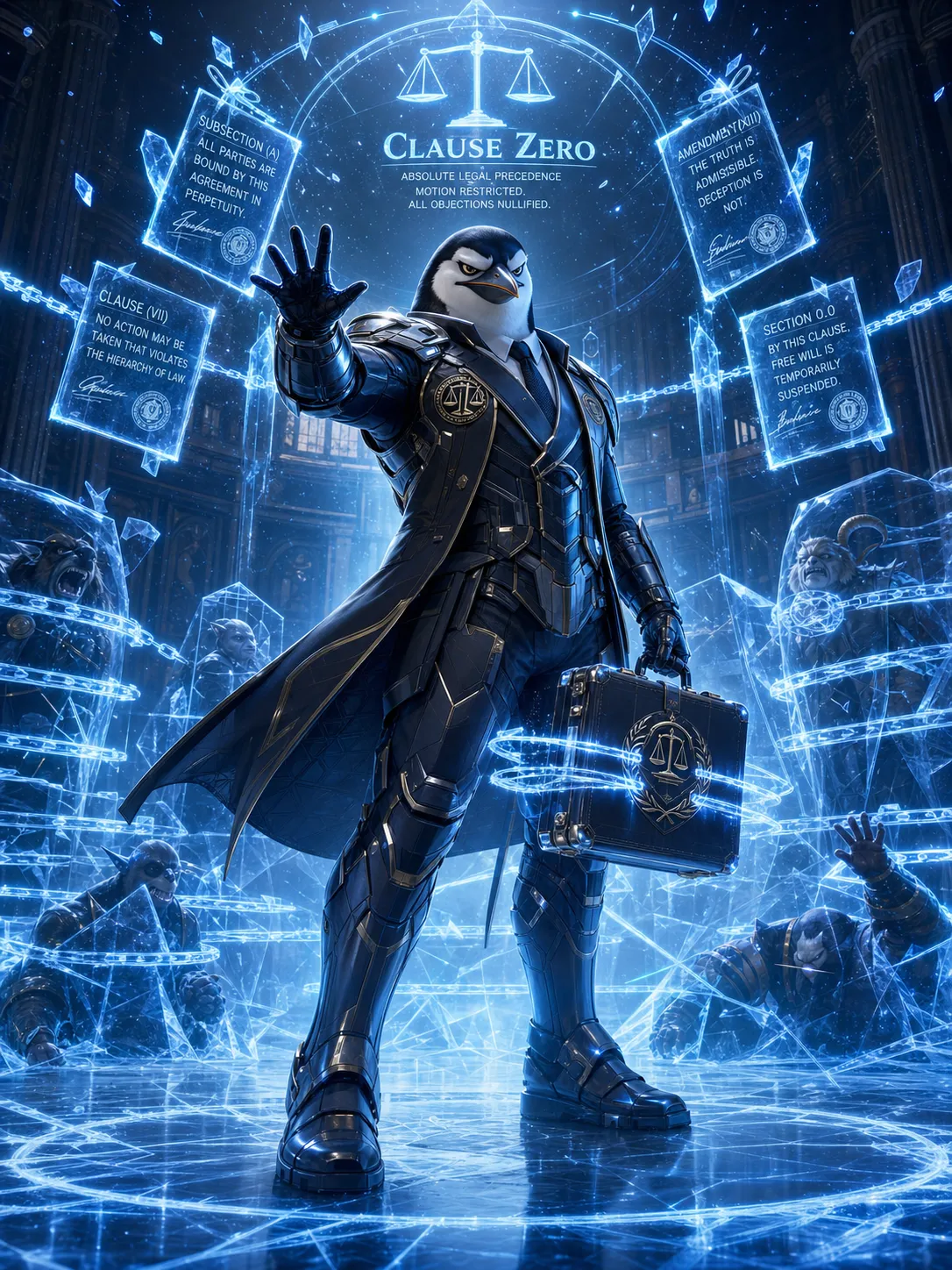 An anthropomorphic penguin lawyer in his powered tactical suit activating his ability called Clause Zero, standing calmly inside a glowing ice-blue courtroom barrier, floating legal clauses and contract seals surrounding him, his metal briefcase projecting restraint rings that freeze enemy movement, cold geometric energy lines, calm intimidating expression, precision control and tactical lockdown energy. Same adult animated series, mature cute but cinematic, stylish urban fantasy action, powered transformation form, ability activation scene, dramatic energy effects, dynamic pose, expressive nuanced face, sophisticated 3D animated style, premium streaming animation key art, not childish, not for children, not toy-like. Negative prompt: childish superhero team, preschool cartoon, toy mascot, toy-like armor, giant robot, magical girl costume, colorful kids show, fantasy knight armor, gore, horror, realistic animal, ugly, deformed, bad anatomy, extra limbs, blurry, low quality, messy design, cheap plastic armor.