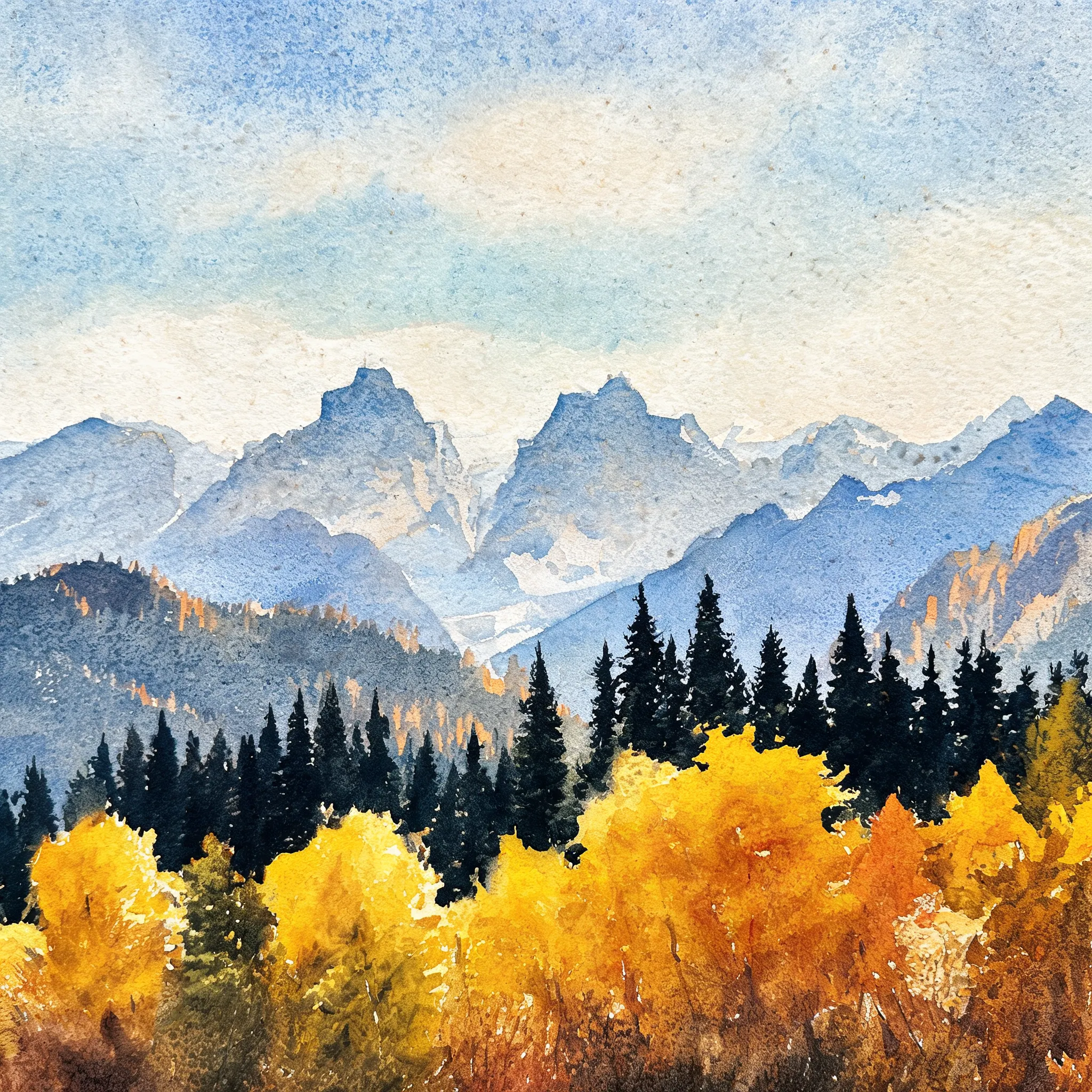 Canadian Rockies autumn, broad watercolor wash, natural golden transitions, pine forest silhouettes, rough paper grain