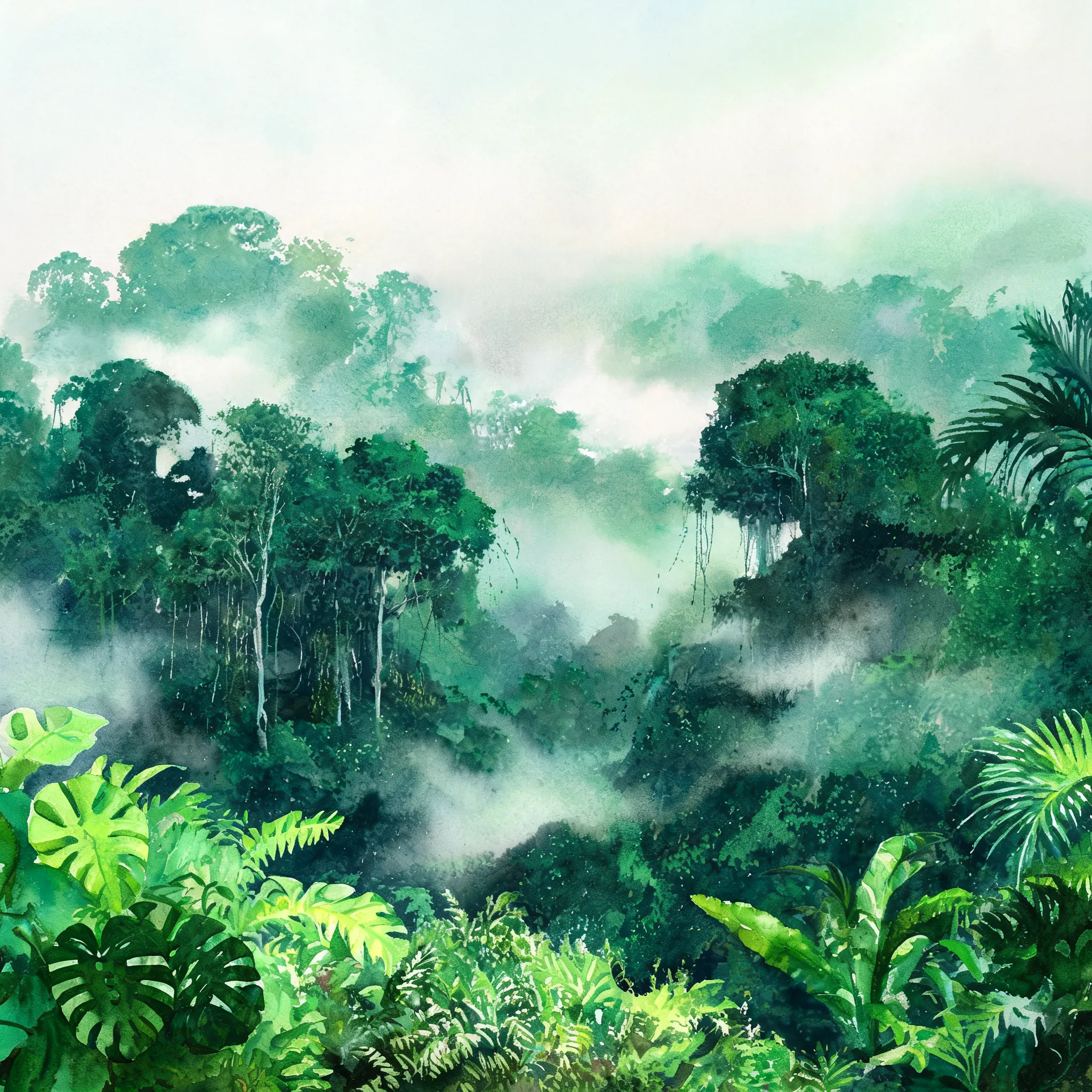 Amazon rainforest, wet watercolor rendering, green depth variations, misty atmosphere, water control layers