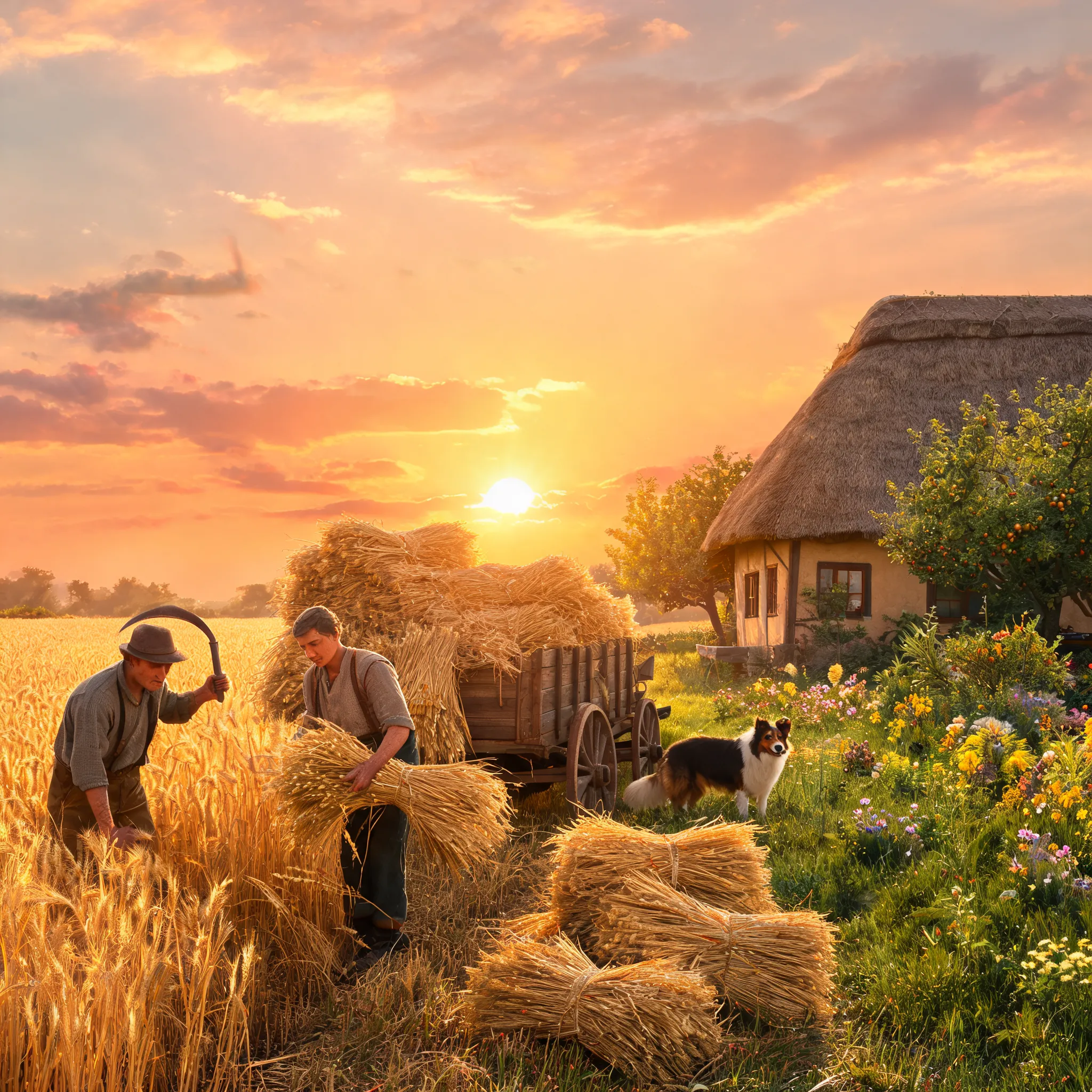 Farmers harvesting, golden wheat bundles, iron tools, grain-loaded wagon, thatched farmhouse, fruit trees, wildflowers, sheepdog, golden sunset