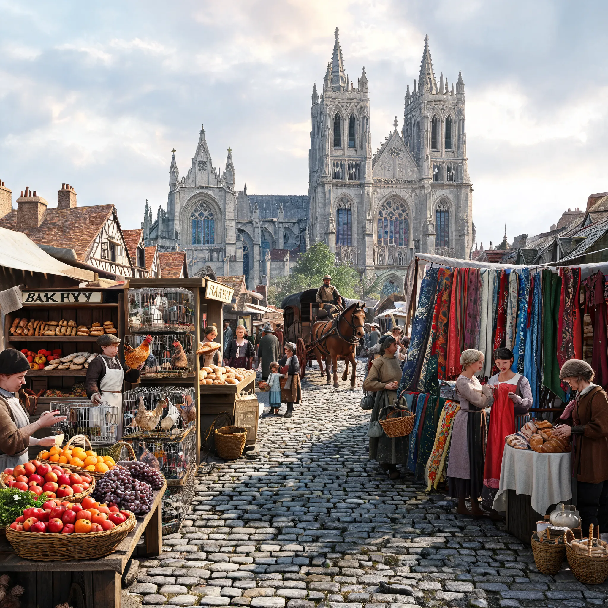 Bustling marketplace, fruit vendors, poultry merchants, baker, fabric traders, cobblestone streets, Gothic cathedral, horse carriages, daily life scenes